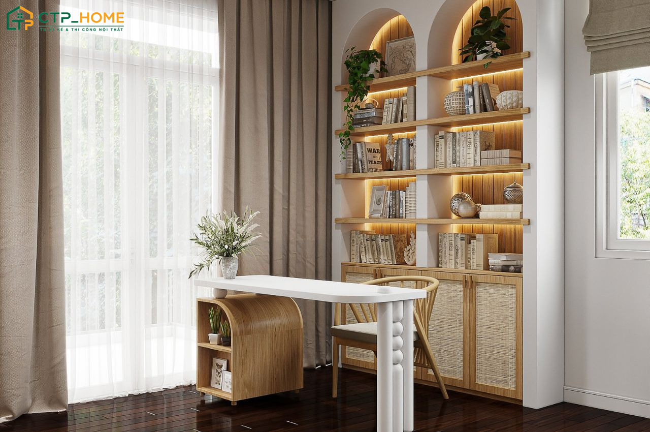 Trang trí phòng đọc sách với cây xanh sẽ giúp gia tăng tính thẩm mỹ và tạo cảm giác gần gũi hơn với thiên nhiên