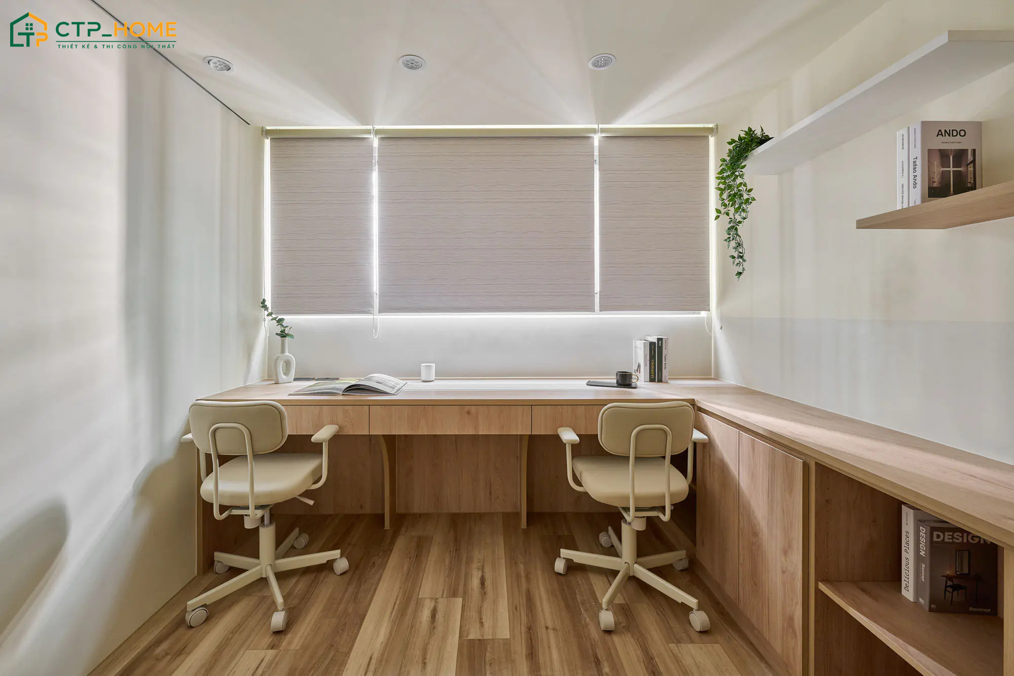 Mẫu thiết kế nội thất phòng đọc sách tích hợp khu vực làm việc nhỏ giúp tận dụng hiệu quả không gian