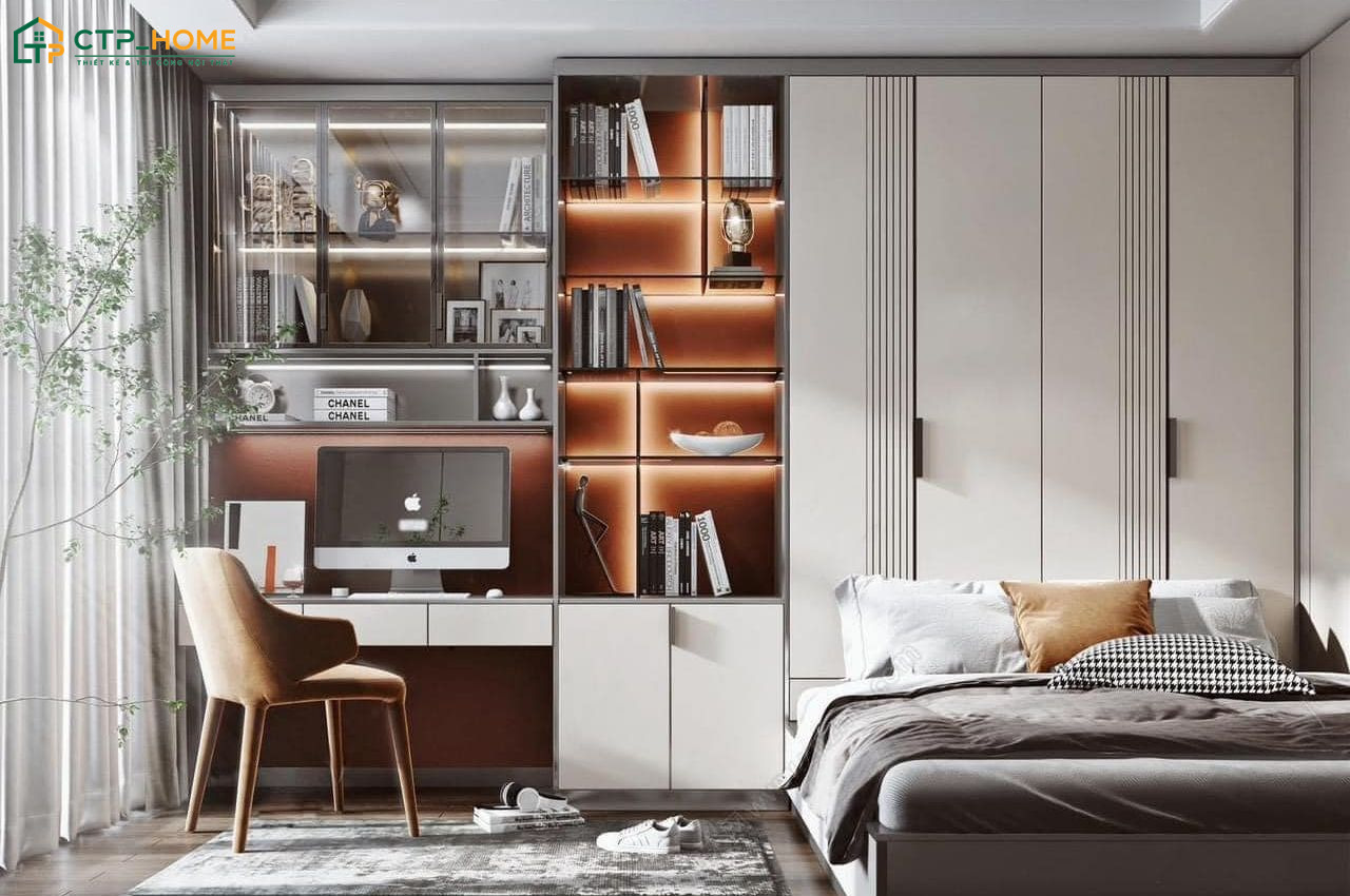 Mẫu thiết kế phòng đọc sách trong phòng ngủ với kệ sách nhỏ và ghế bành thư giãn giúp tối ưu diện tích