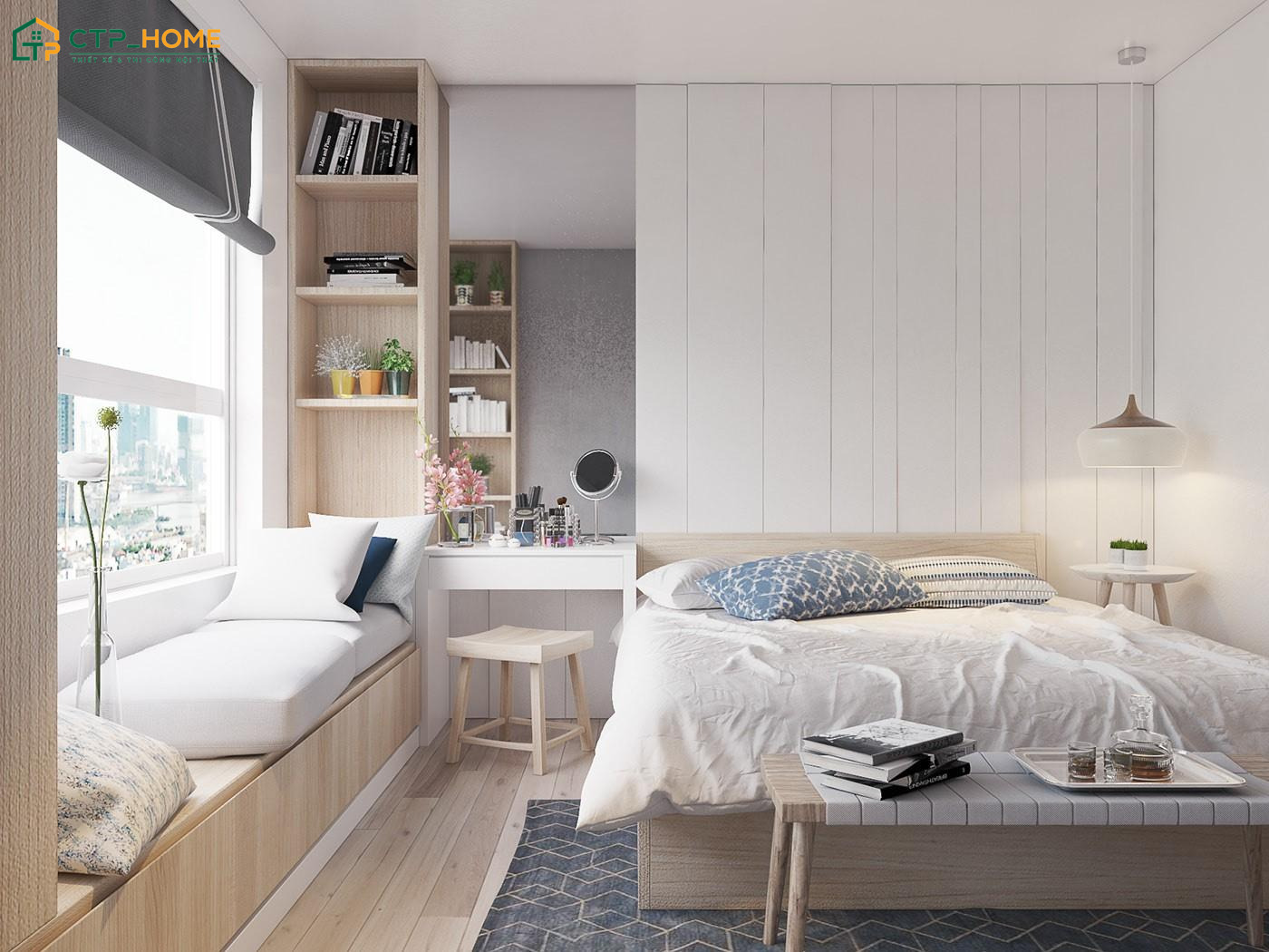 Mẫu trang trí phòng đọc sách đẹp tận dụng góc phòng ngủ cạnh cửa sổ để bố trí giá sách tiện lợi