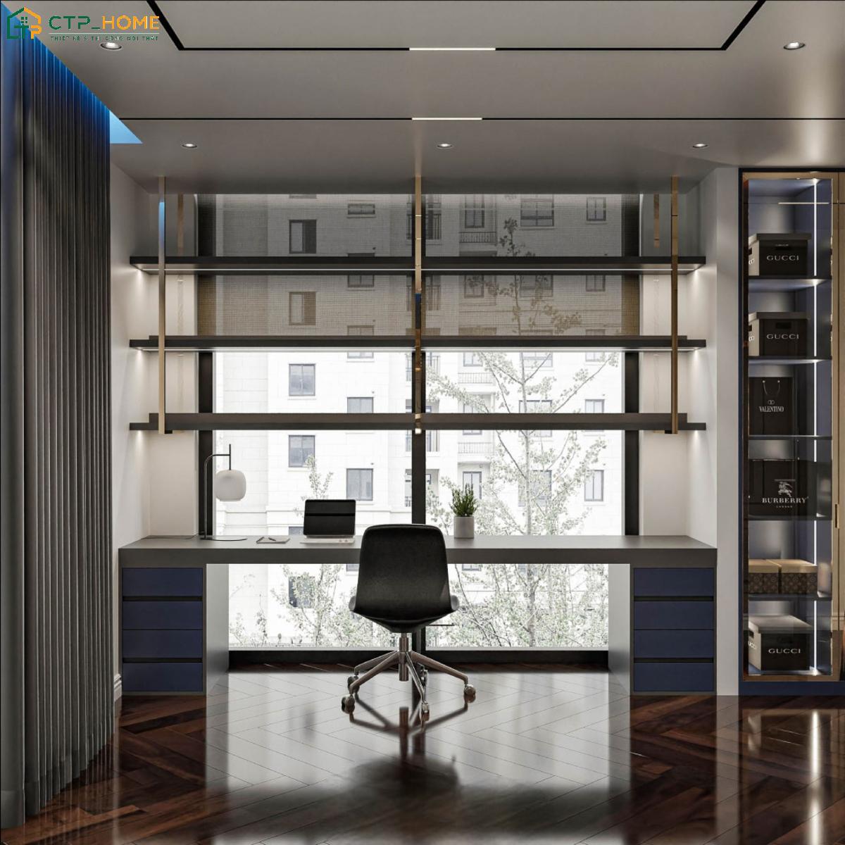 Mẫu decor phòng làm việc tại nhà đẹp đơn giản với bàn làm việc đặt cạnh cửa sổ giúp tận dụng tối đa ánh sáng tự nhiên