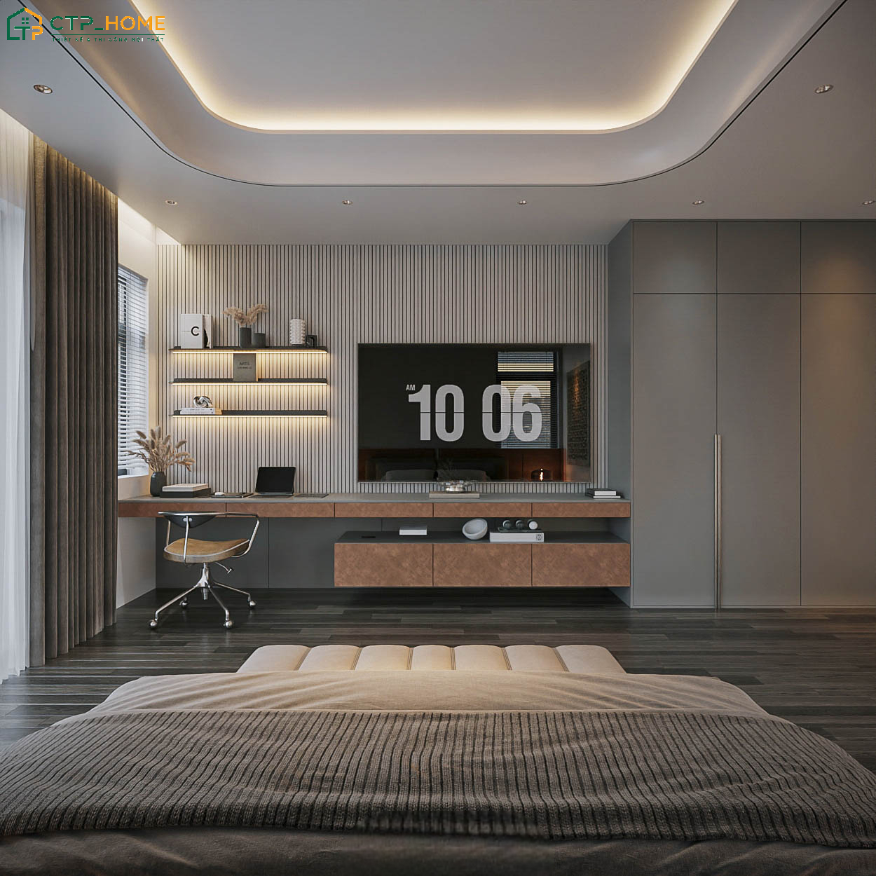 Mẫu decor phòng làm việc tại nhà khéo léo tận dụng góc phòng ngủ để bố trí khu vực làm việc tiện nghi