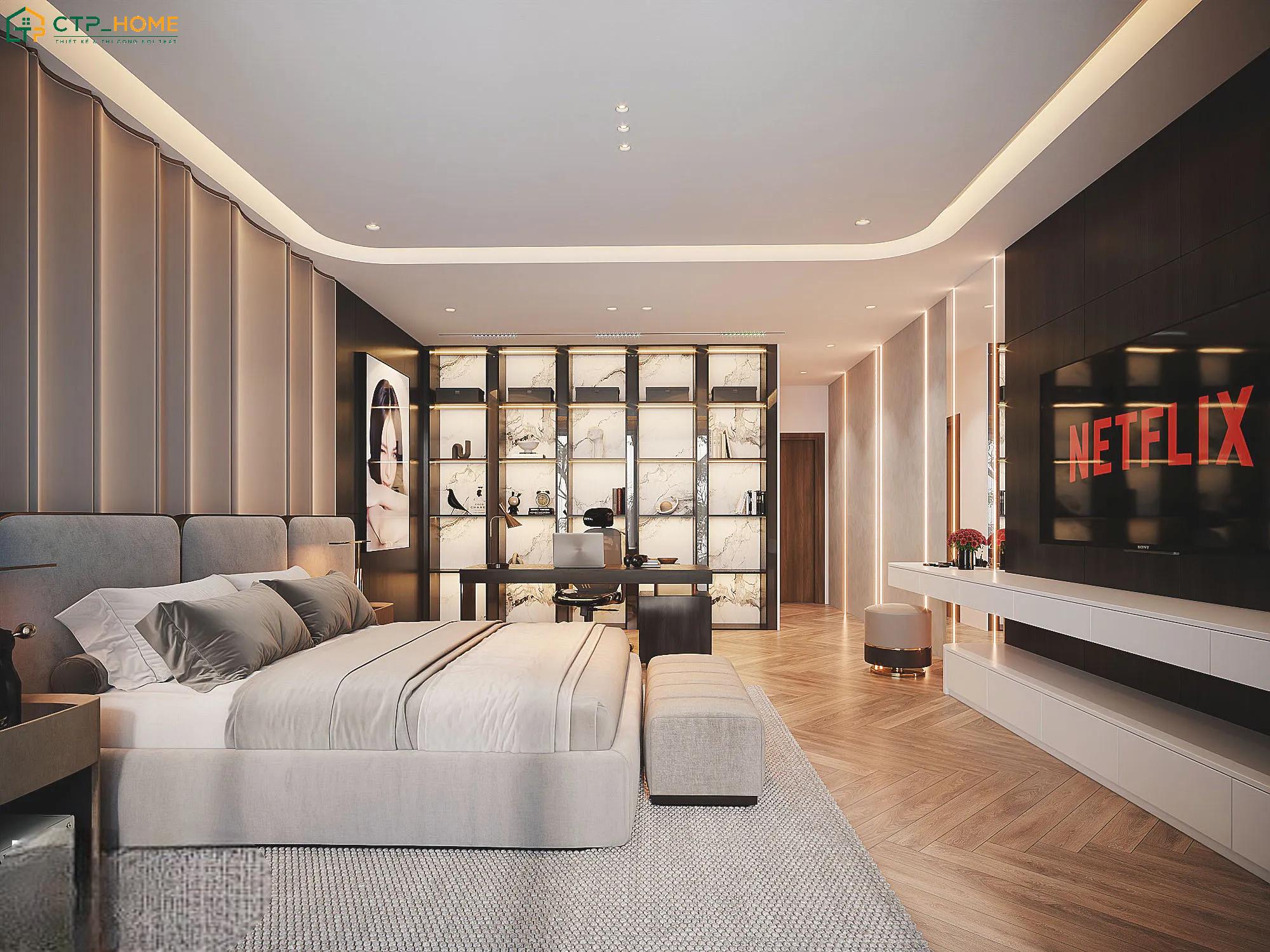 Mẫu thiết kế phòng làm việc đẹp trong phòng ngủ với kệ sách âm tường giúp tận dụng tối đa không gian