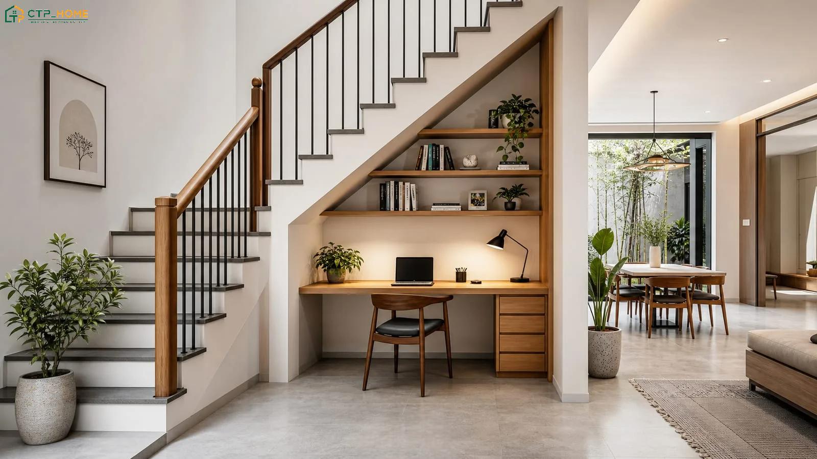Mẫu thiết kế nội thất phòng làm việc hiện đại tận dụng kết cấu gầm cầu thang để tạo góc làm việc tiện nghi