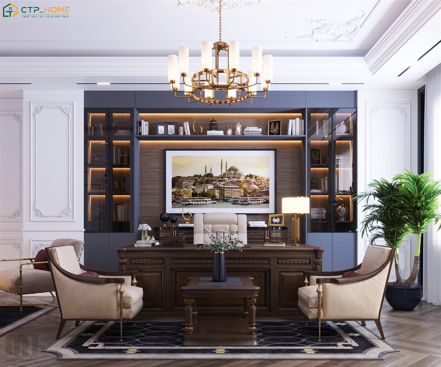 Mẫu thiết kế phòng làm việc cá nhân phong cách tân cổ điển nổi bật với tone xám thanh lịch và họa tiết trang trí tinh tế
