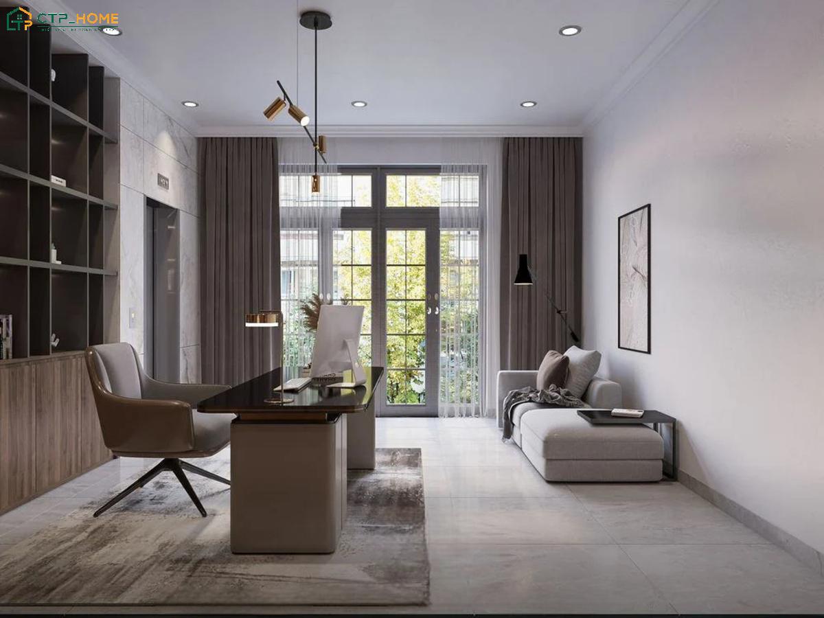 Góc sofa được bố trí hài hòa trong phòng làm việc giúp tạo không gian thư giãn và đọc sách lý tưởng