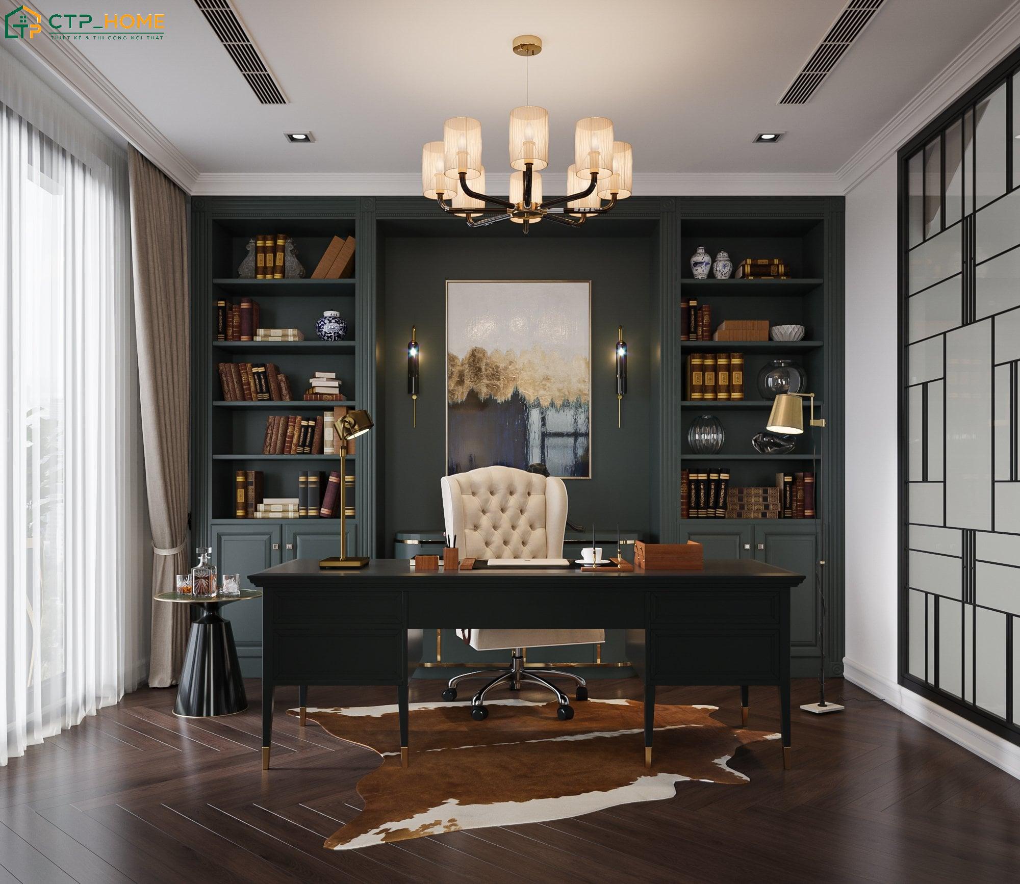 Mẫu phòng làm việc đẹp tại nhà phong cách tân cổ điển thường sẽ sử dụng tủ sách âm tường và ghế bọc da cao cấp