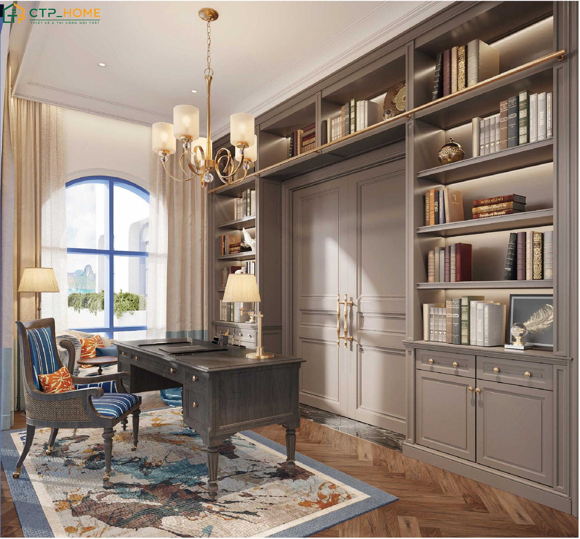 Mẫu thiết kế phòng làm việc đẹp cổ điển với bộ bàn ghế và tủ sách màu trắng kem sang trọng