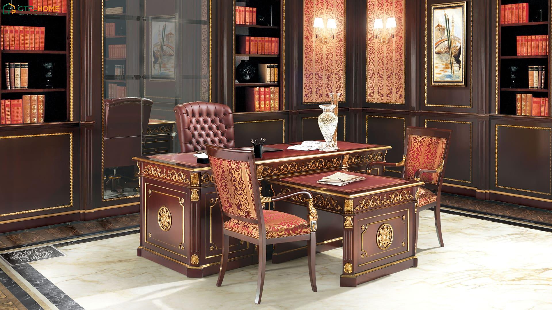 Phòng làm việc tại nhà phong cách cổ điển gây ấn tượng với nội thất bằng gỗ được chạm khắc tỉ mỉ