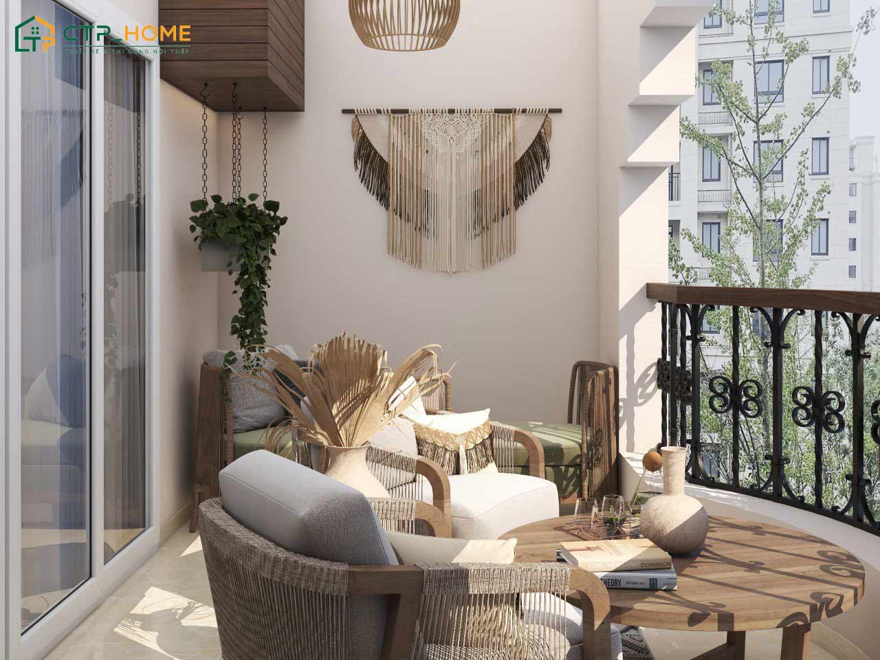 Mẫu ban công phong cách Bohemian sẽ sử dụng các vật liệu tự nhiên như ghế mây hay thảm dệt
