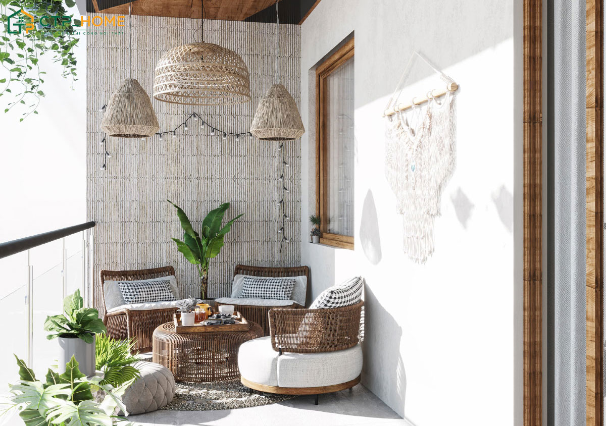 Mẫu thiết kế ban công đẹp phong cách Vintage sẽ kết hợp thêm cây xanh để đem lại sự hài hòa cho không gian