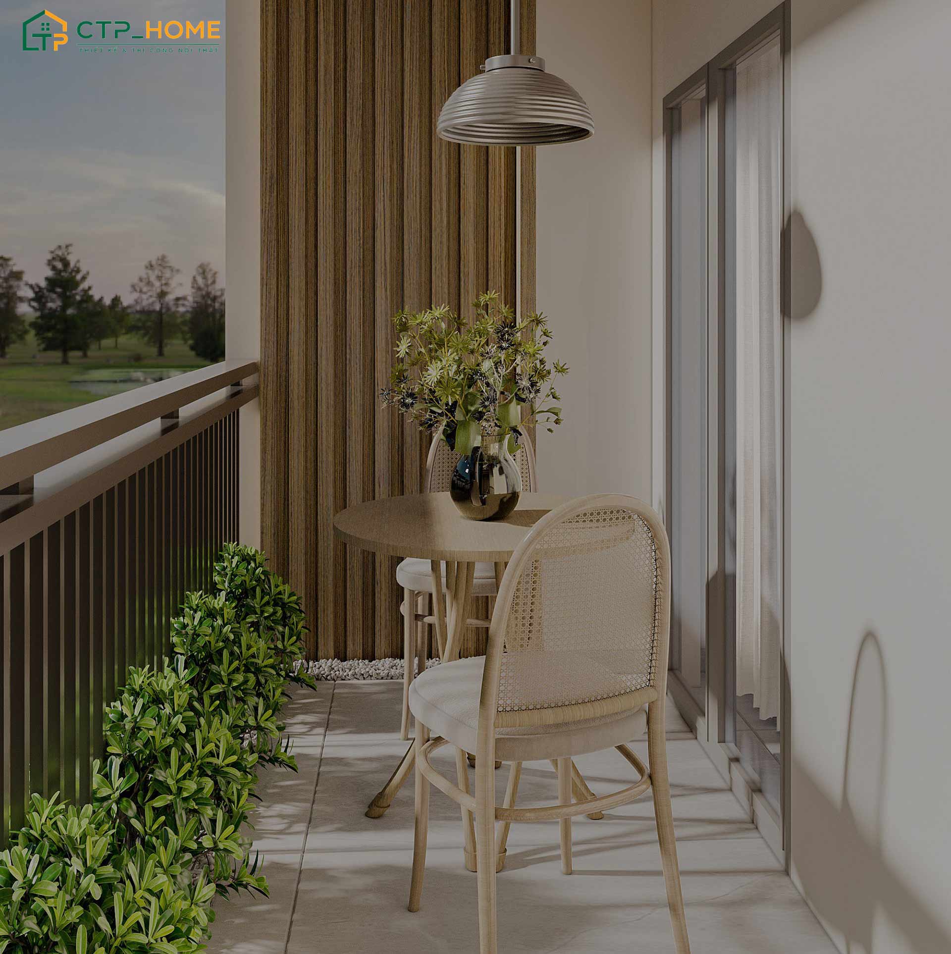 Mẫu thiết kế ban công đẹp cho nhà ống với nhiều cây xanh kết hợp lan can kính cường lực an toàn