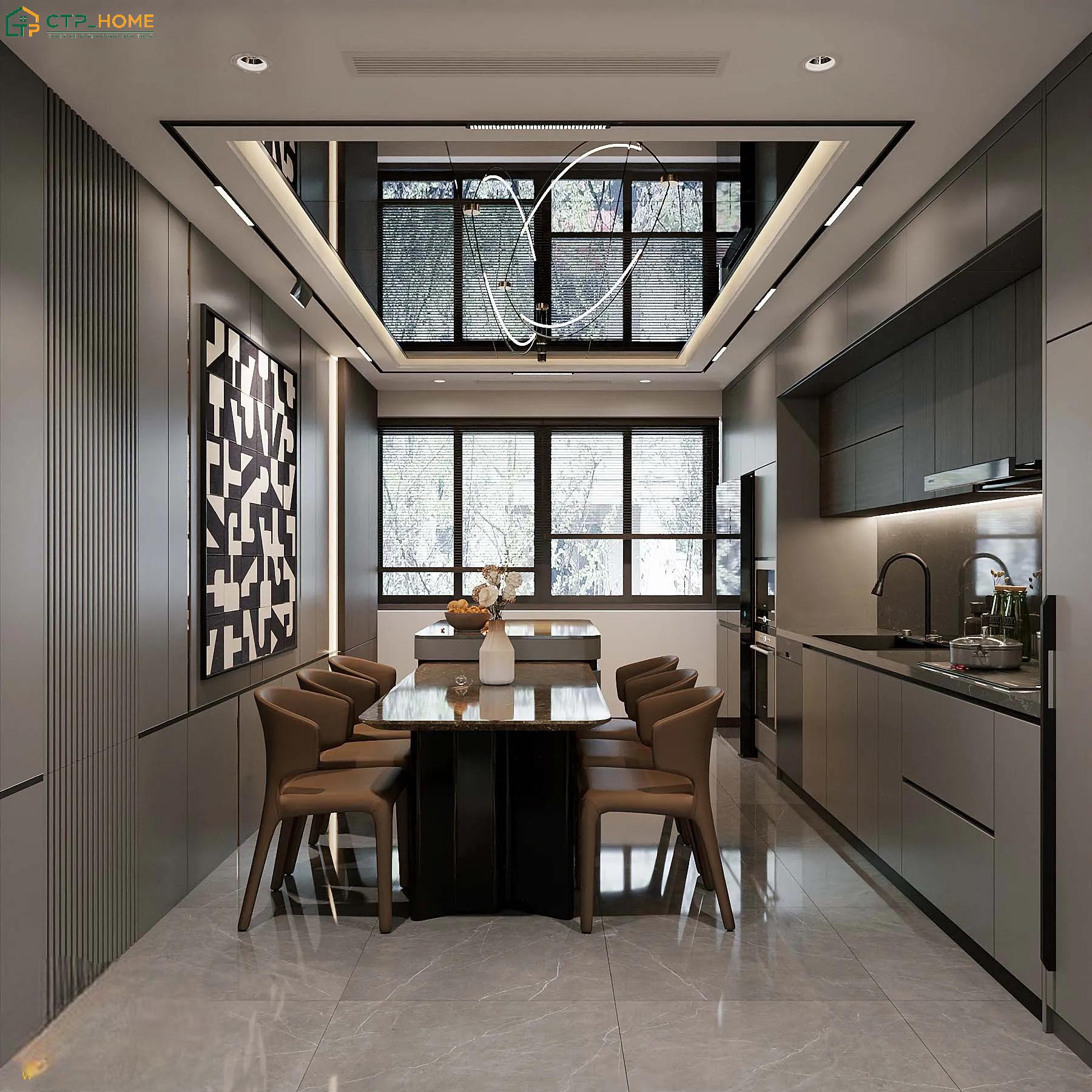 Tủ bếp sẽ được CTP Home bố trí sát tường để tạo thêm khoảng trống cho khu vực bàn ăn và lối đi