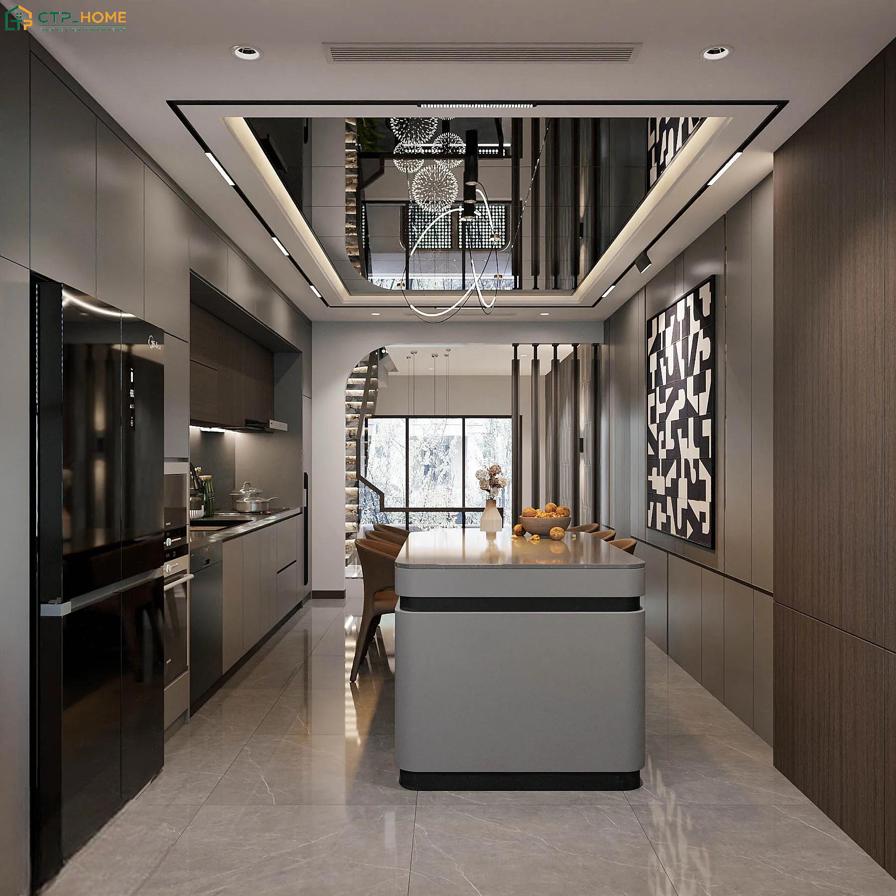 Việc bố trí trần gương kết hợp với hệ đèn trang trí sẽ giúp phòng bếp nhà ống 3m có cảm giác cao ráo hơn