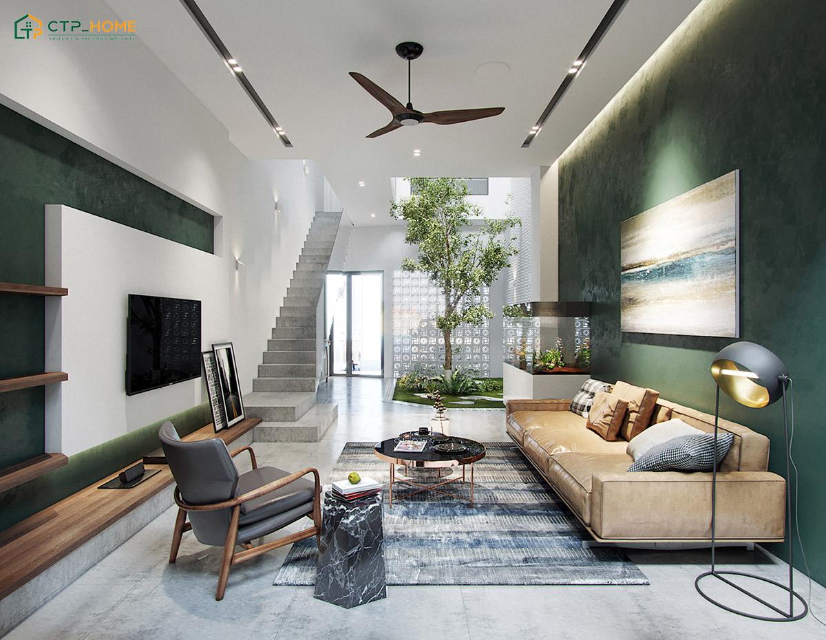 Giếng trời sẽ tận dụng nguồn ánh sáng tự nhiên từ trên xuống giúp phòng khách giảm sự bí bách, chật chội