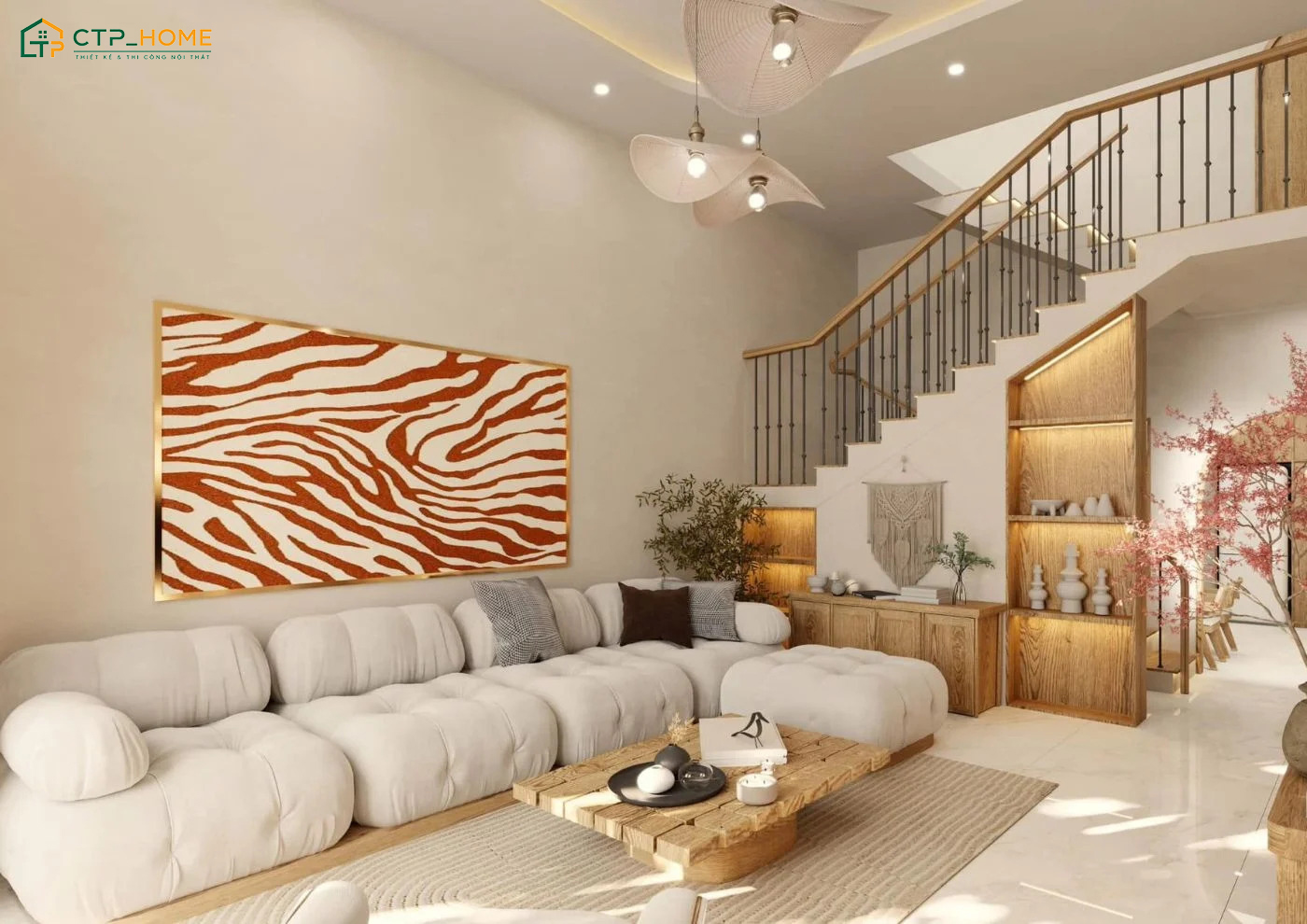 Mẫu thiết kế phòng khách nhà ống ngang 4m Wabi Sabi thường sử dụng chất liệu gần gũi như gỗ, đá