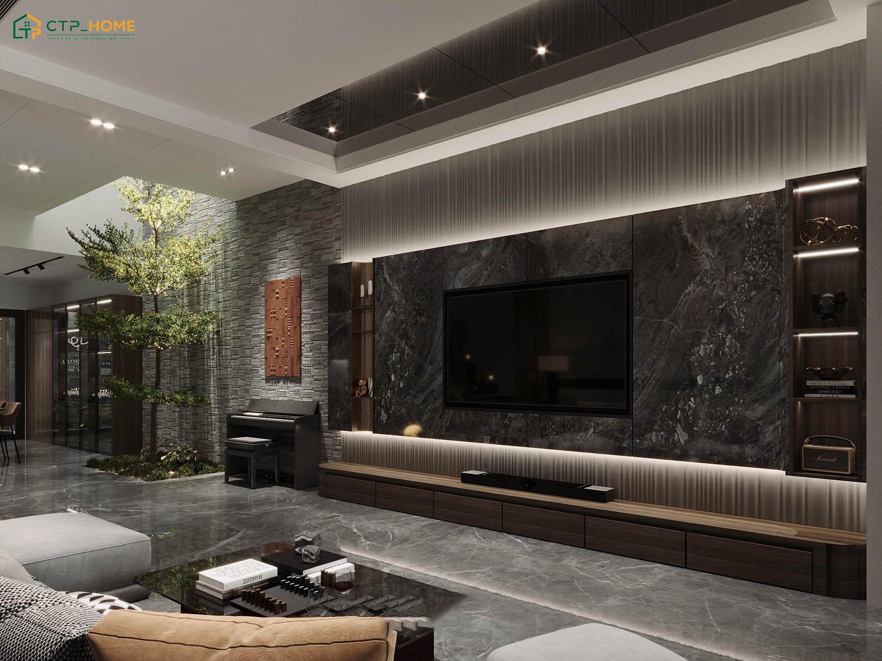 Nội thất phòng khách 4m Luxury có thiết kế tinh gọn và ưu tiên các sản phẩm đa năng để tối ưu diện tích