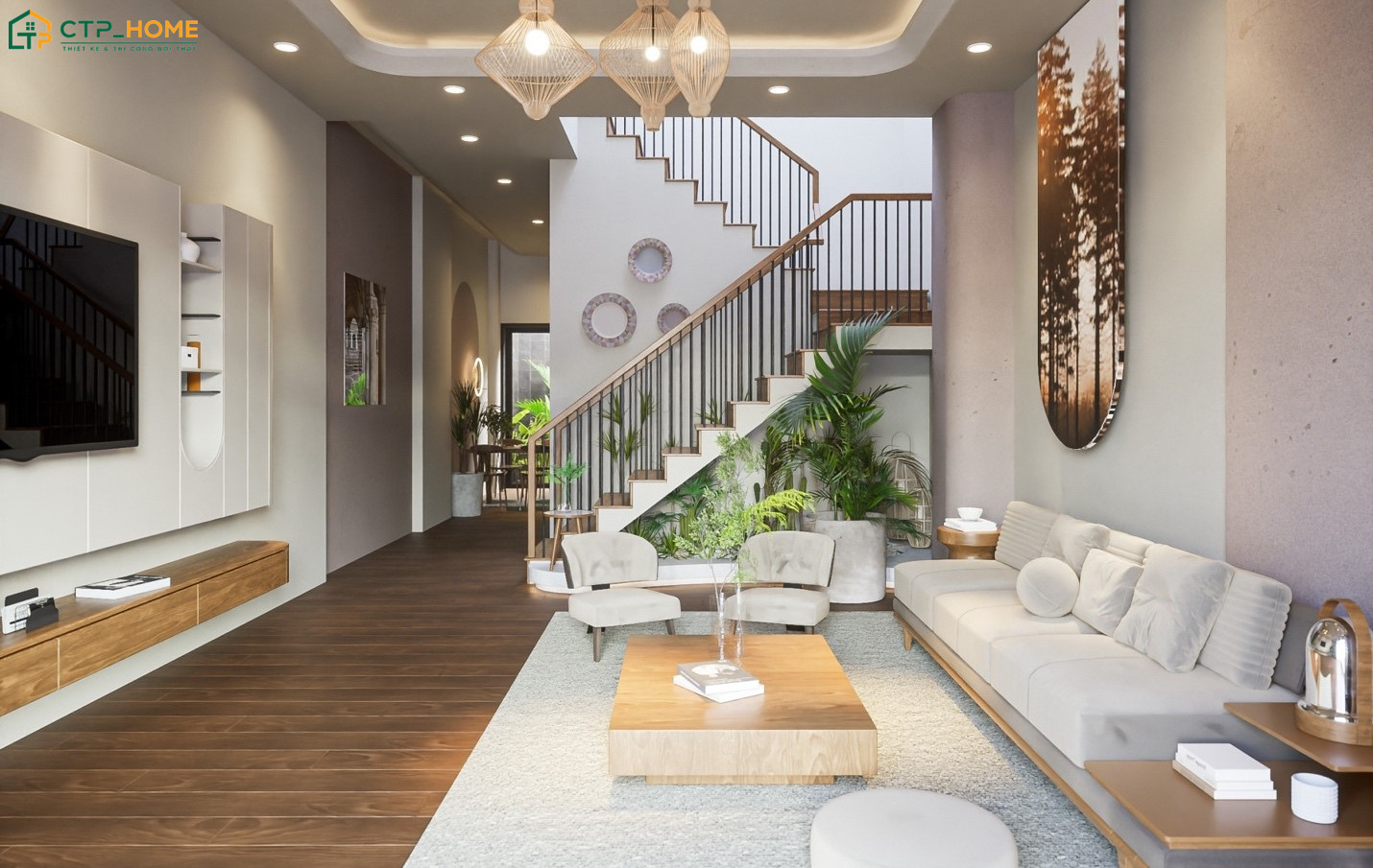 Việc kết hợp thêm cây xanh trang trí giúp phòng khách nhà ống 4m có cầu thang trở nên thoáng mát và dễ chịu hơn
