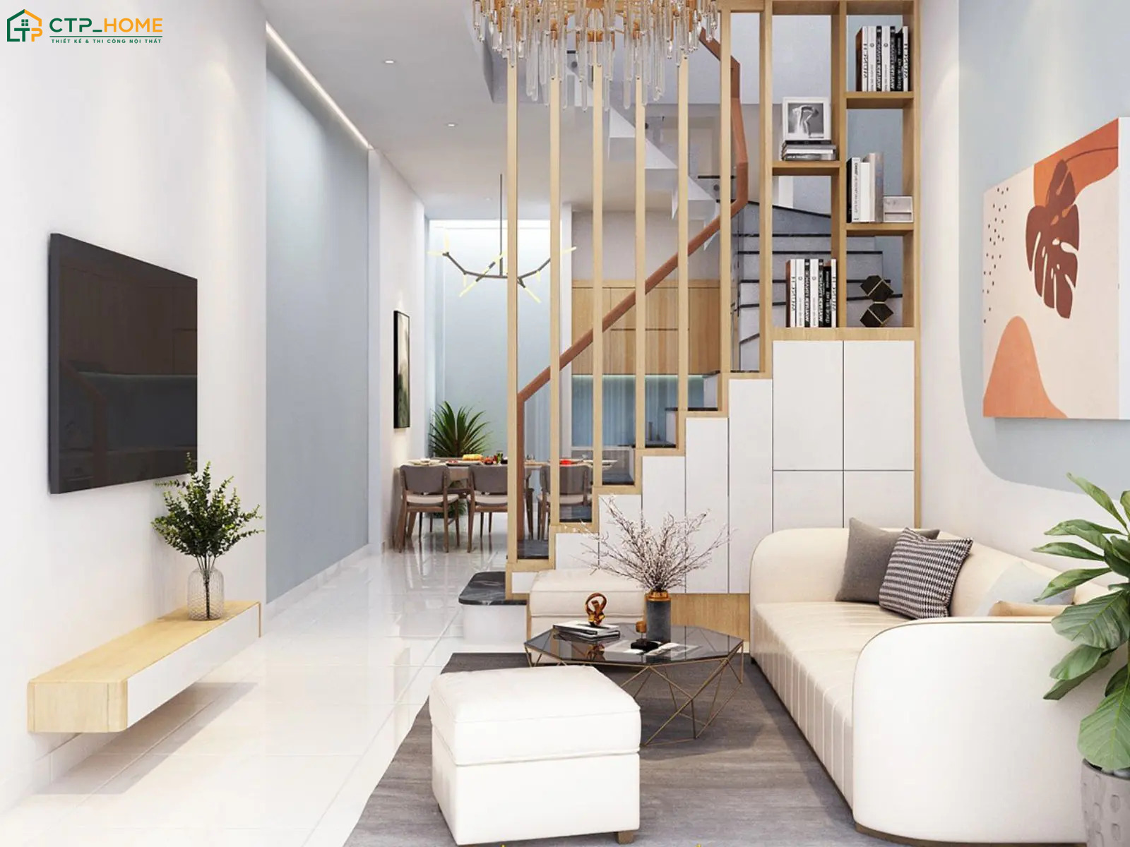 Mẫu thiết kế phòng khách nhà ống 4m có cầu thang kết hợp vách ngăn sẽ tạo sự phân chia nhẹ nhàng giữa các khu vực