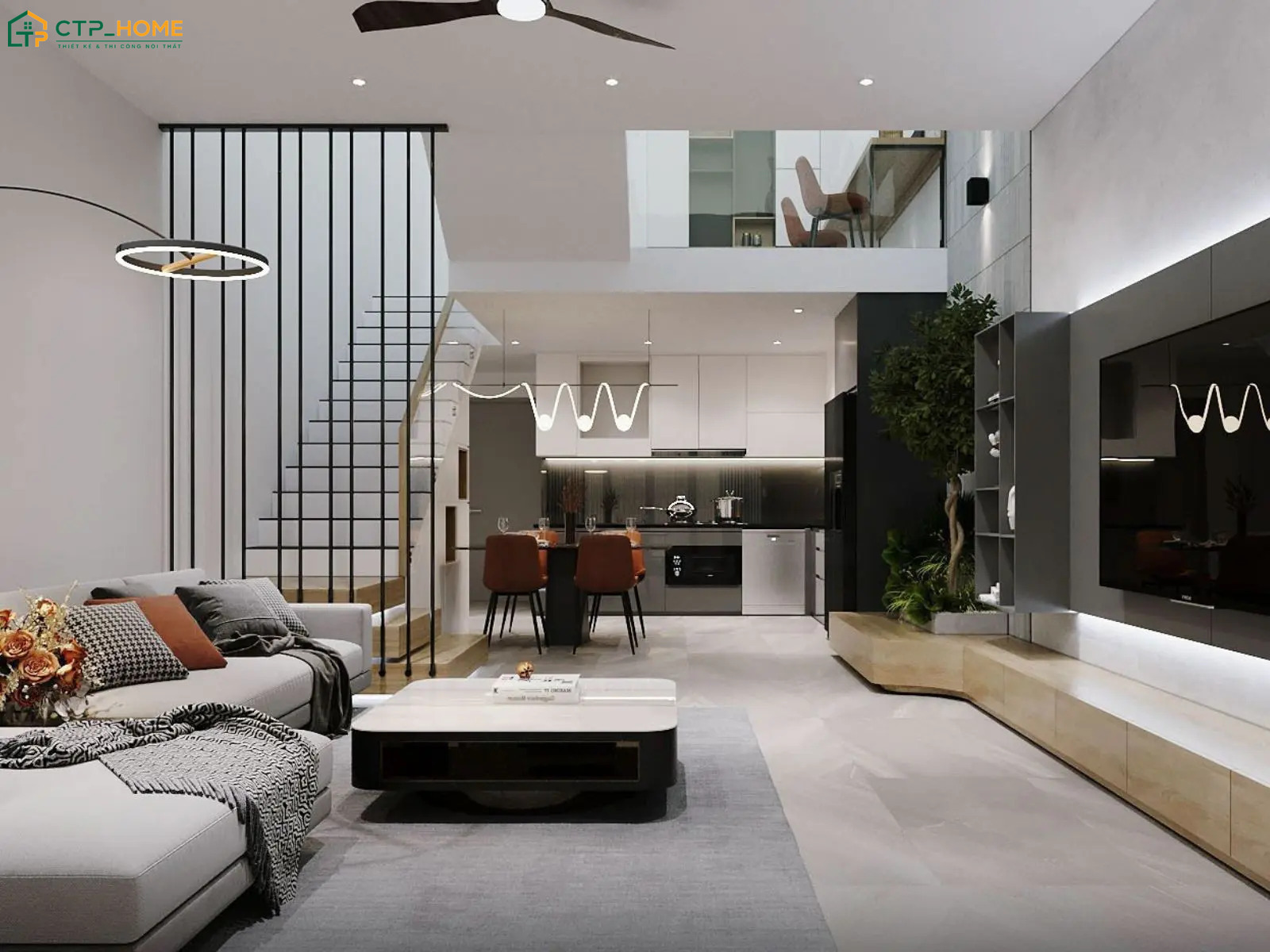 Vách ngăn được bố trí giữa phòng khách và bếp để vừa tạo điểm nhấn vừa giữ được sự thông thoáng cho không gian