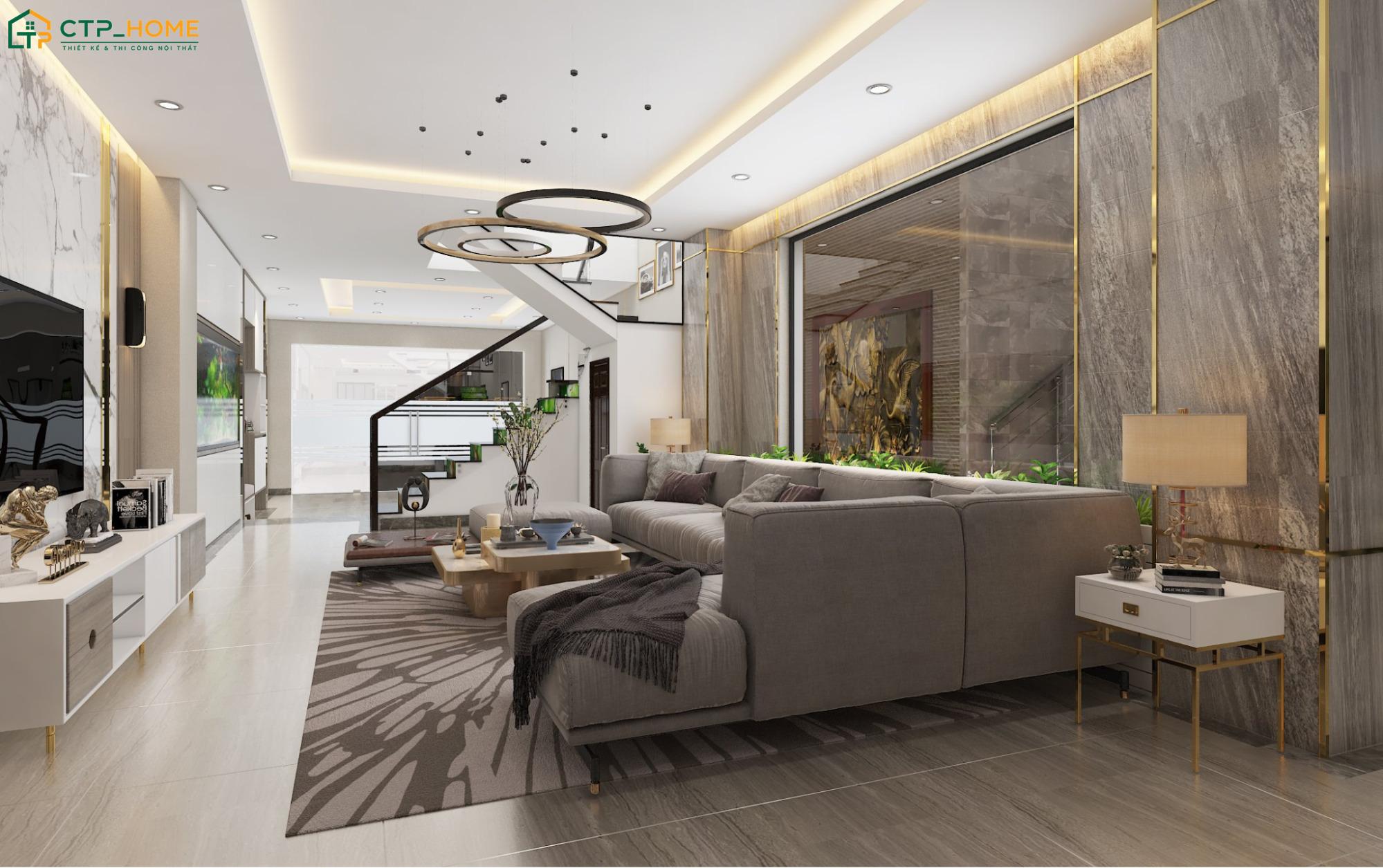 Phòng khách kết hợp cầu thang hiện đại sẽ tận dụng diện tích hợp lý giúp đảm bảo sự thông thoáng
