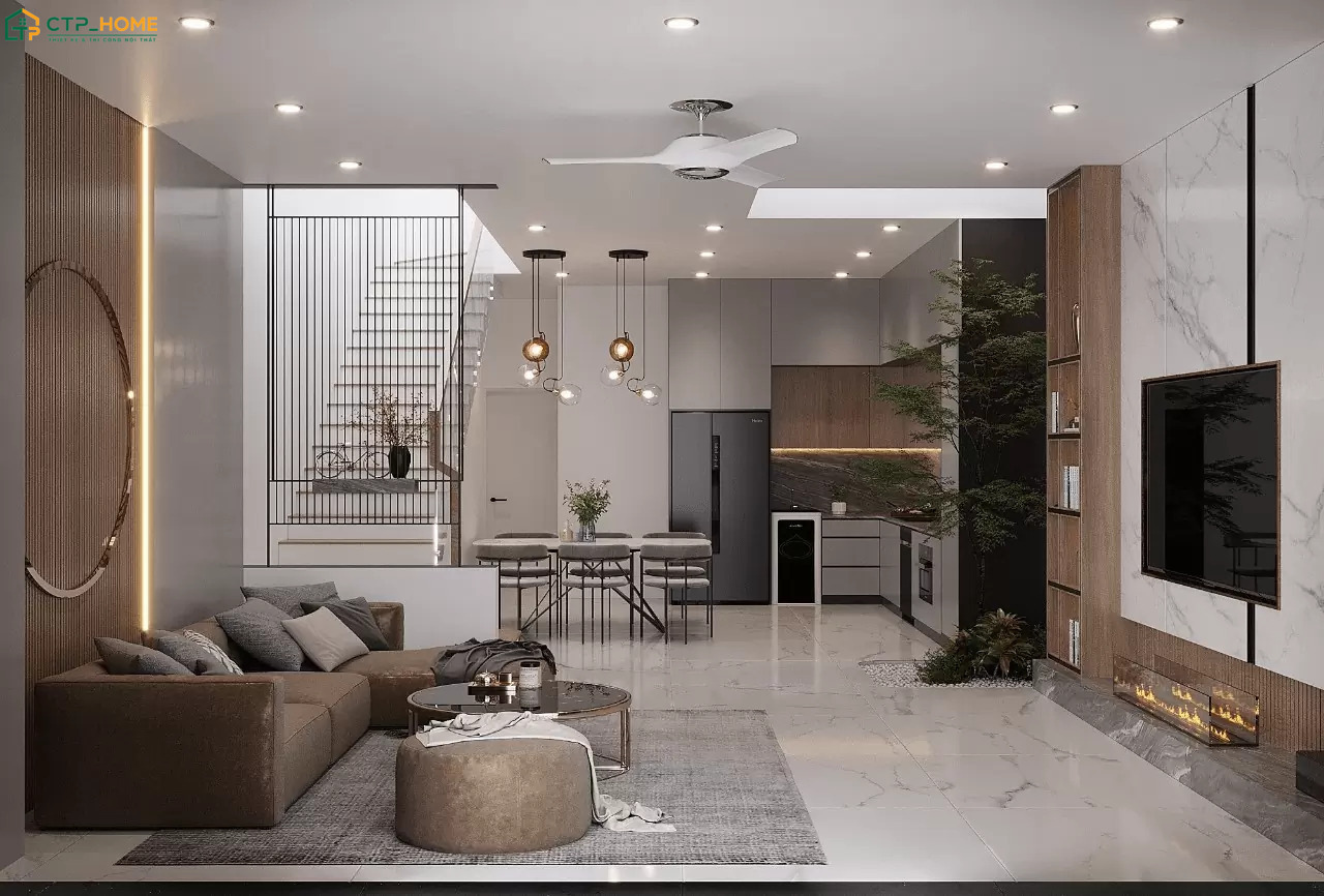 Mẫu thiết kế nội thất phòng khách nhà ống đẹp 5m có giếng trời sẽ kết hợp cùng cây xanh để tạo điểm nhấn