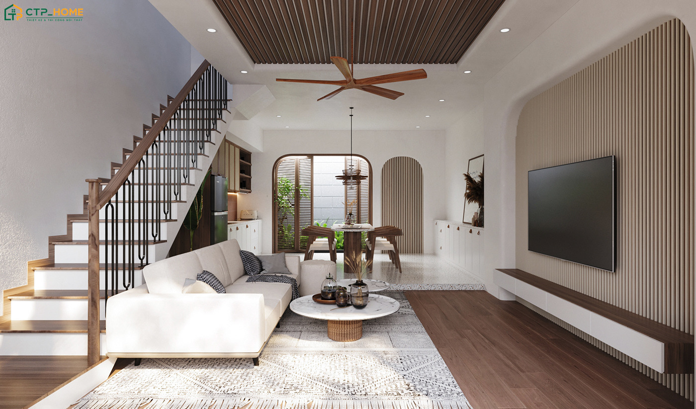 Mẫu thiết kế phòng khách nhà ống 5m hiện đại liền phòng bếp thường sẽ không sử dụng vách ngăn