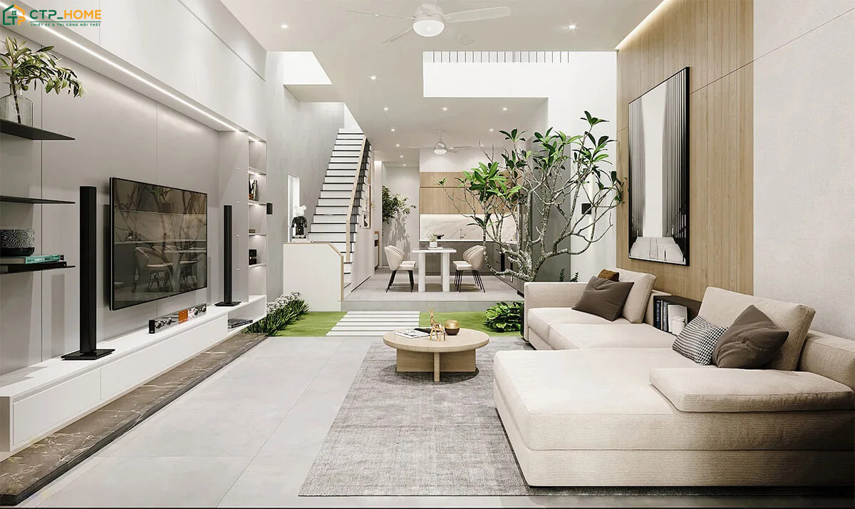 Mẫu thiết kế phòng khách nhà ống đẹp 5m liền bếp sẽ ưu tiên các món đồ nội thất nhỏ gọn, đa năng