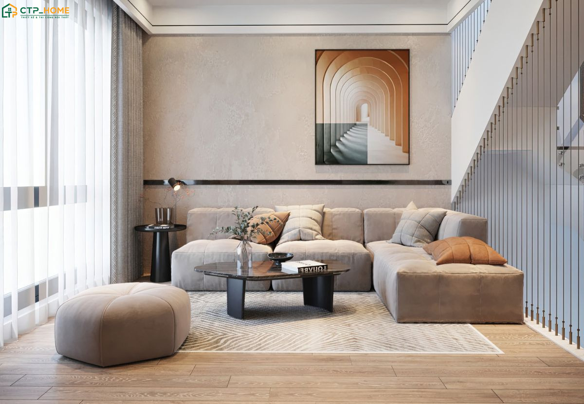 Mẫu phòng khách nhà ống 5x4m thường sử dụng gam màu sáng và nội thất đơn giản để hạn chế sự bí bách