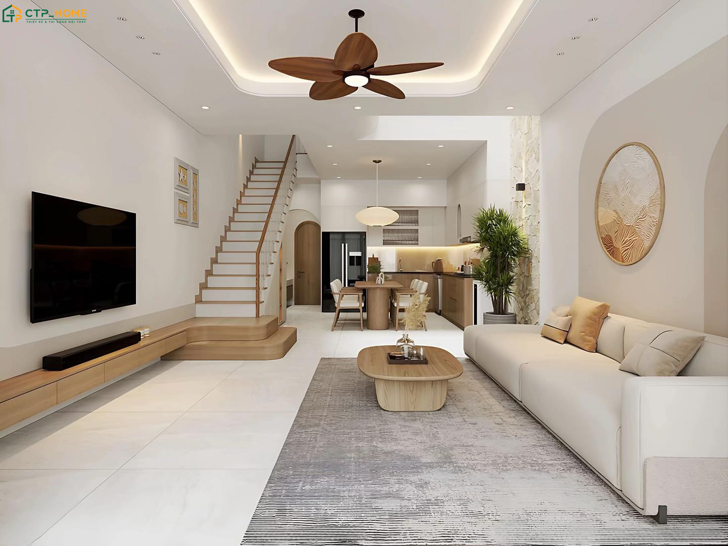 Nội thất phòng khách nhà ống 5x4m có kích thước phù hợp để đảm bảo công năng và giữ lối đi thông thoáng