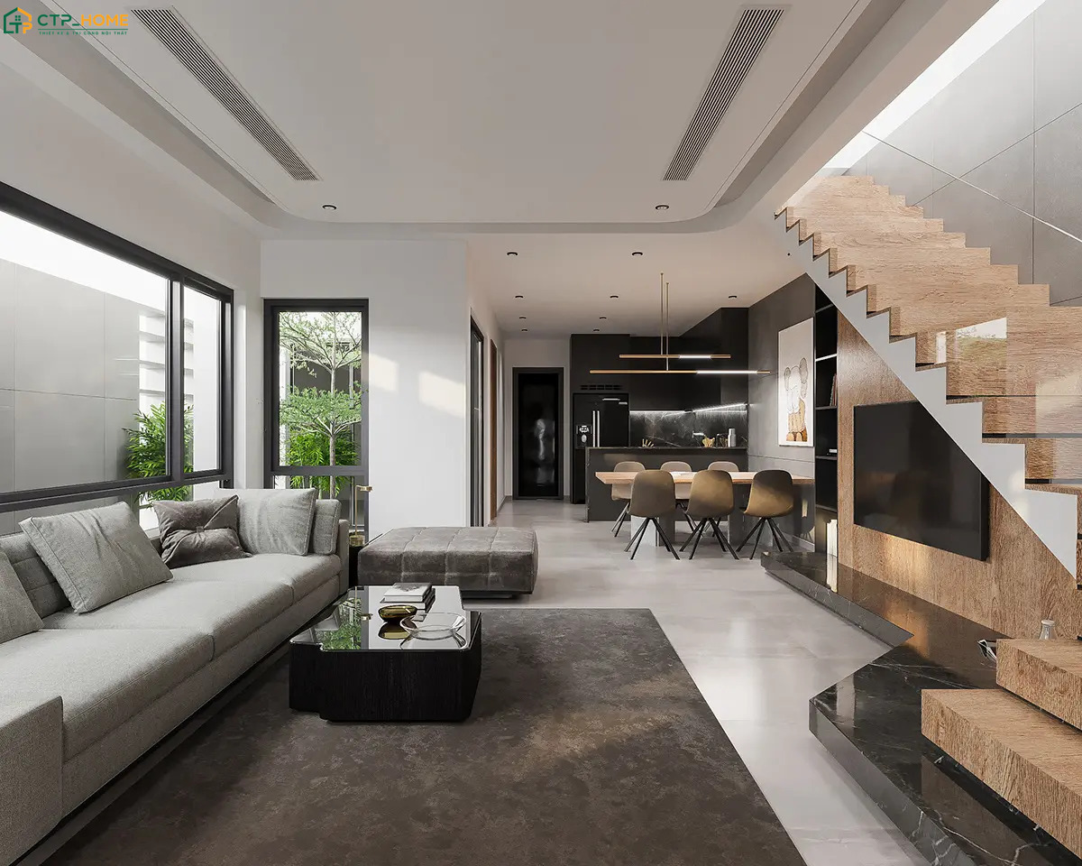 Mẫu phòng khách nhà ống 5x6m có diện tích rộng rãi giúp bạn thoải mái bố trí nội thất theo nhu cầu