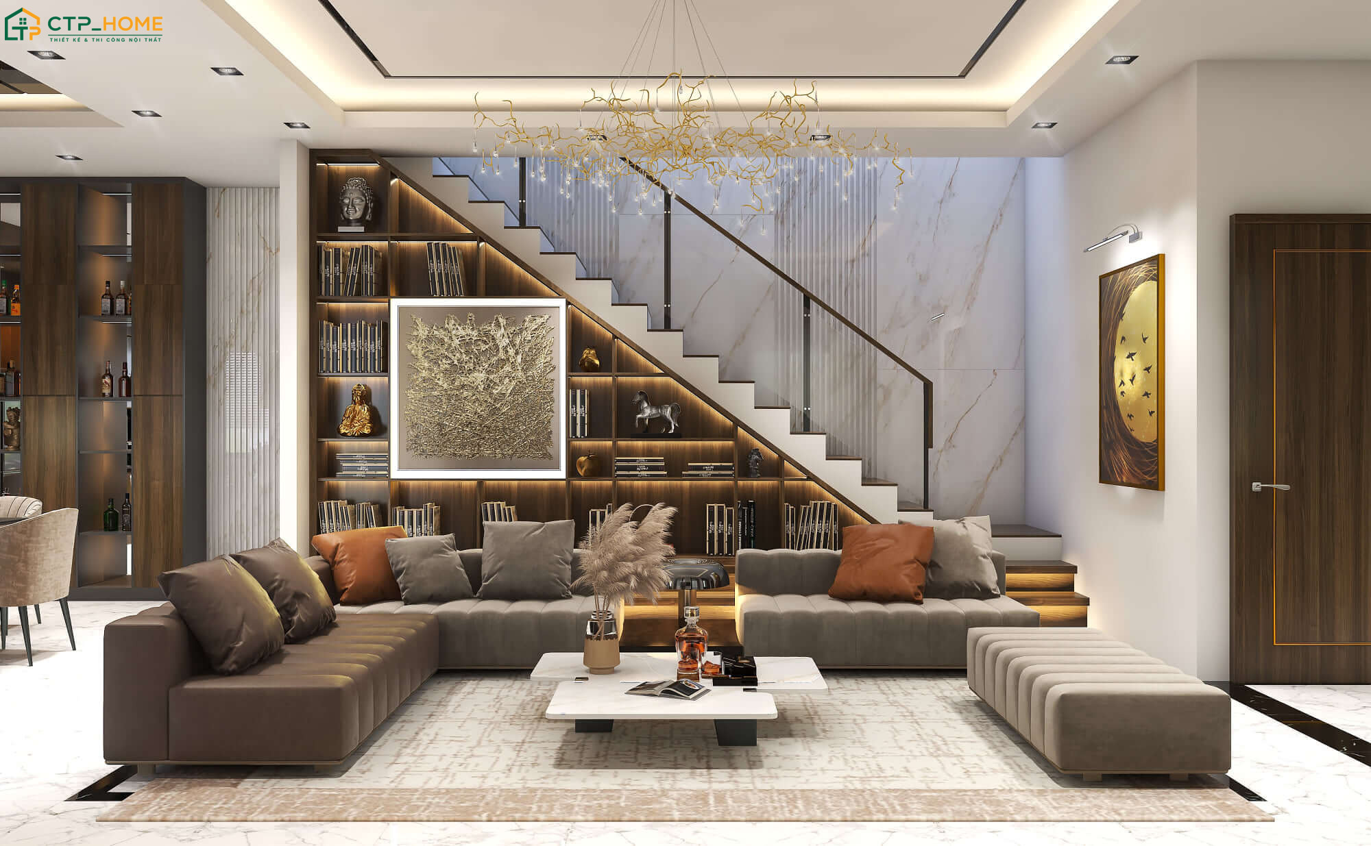 Mẫu phòng khách nhà ống 5x7m thường ưu tiên gam màu trang nhã để mang lại cảm giác nhẹ nhàng