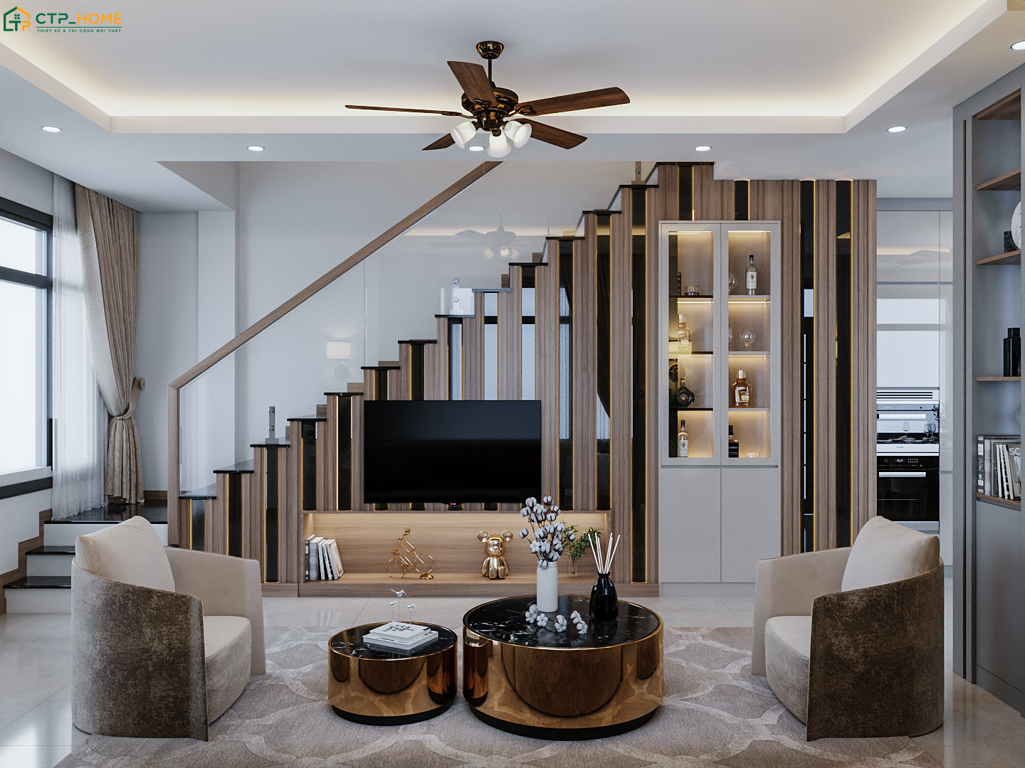 Mẫu thiết kế nội thất phòng khách nhà ống 5m hiện đại sẽ sử dụng đồ decor đơn giản để tạo điểm nhấn