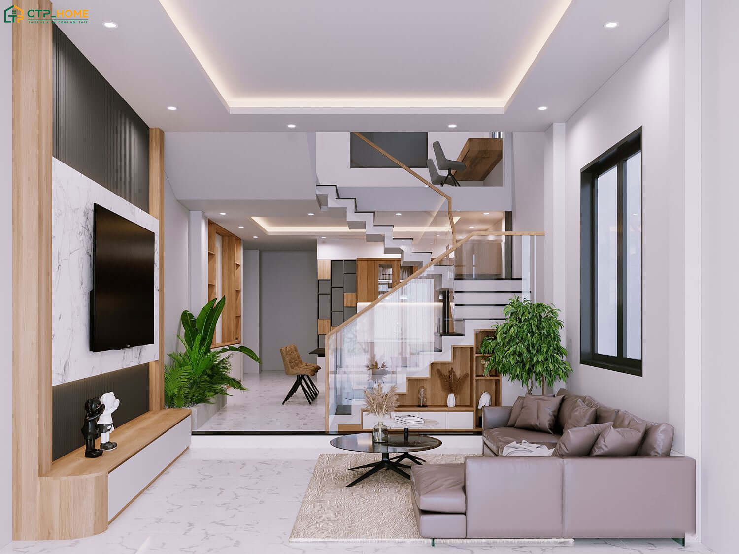 Phòng khách sẽ sử dụng chất liệu gỗ cùng cây xanh trang trí để tạo nên một không gian gần gũi với thiên nhiên