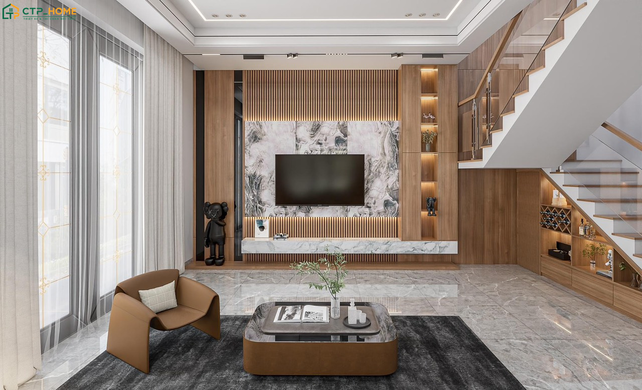 Nội thất gỗ kết hợp cùng các chi tiết trang trí truyền thống sẽ mang lại vẻ đẹp hoài niệm cho phòng khách
