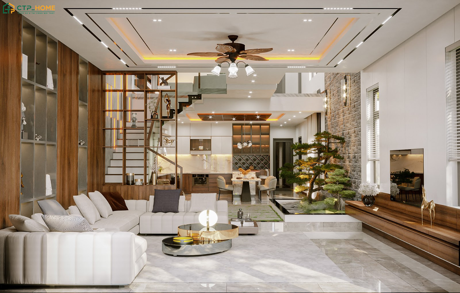 Mẫu thiết kế nội thất phòng khách nhà ống đẹp 5m truyền thống thường sử dụng màu nâu gỗ làm chủ đạo