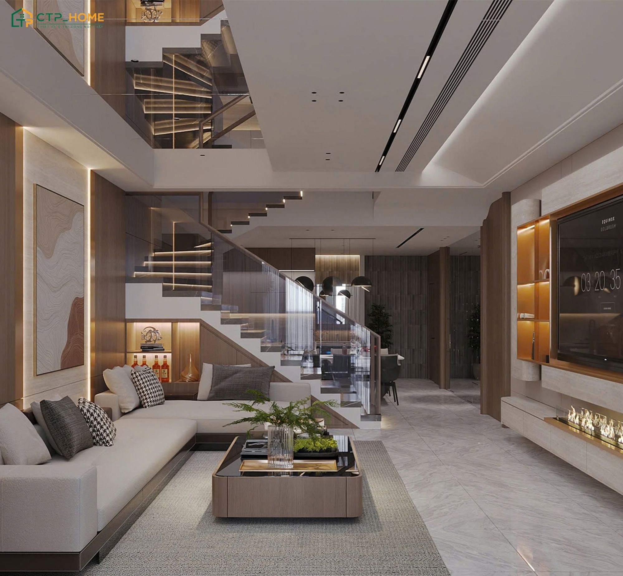 Khu vực cầu thang được bố trí hài hoà với nội thất phòng khách giúp đảm bảo sự hài hòa và cân đối