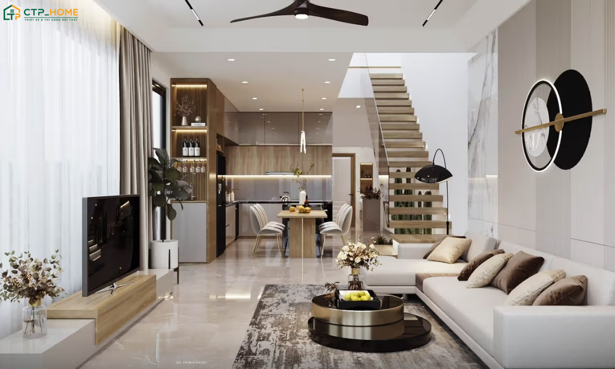 Việc sử dụng vật liệu hiện đại sẽ mang đến một không gian tiếp khách hài hoà và tiện nghi