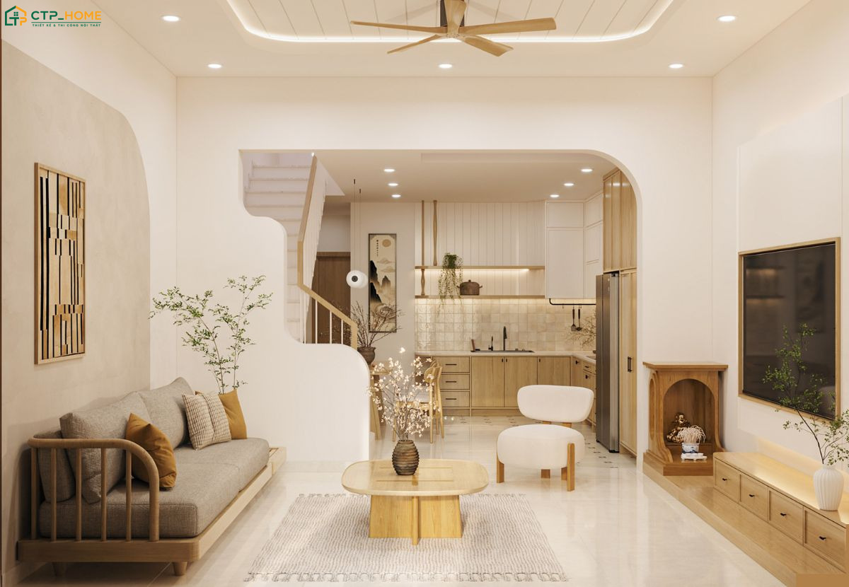 Mẫu phòng khách nhà ống đẹp 5m có bàn thờ sử dụng gam màu trang nhã sẽ mang lại cảm giác nhẹ nhàng