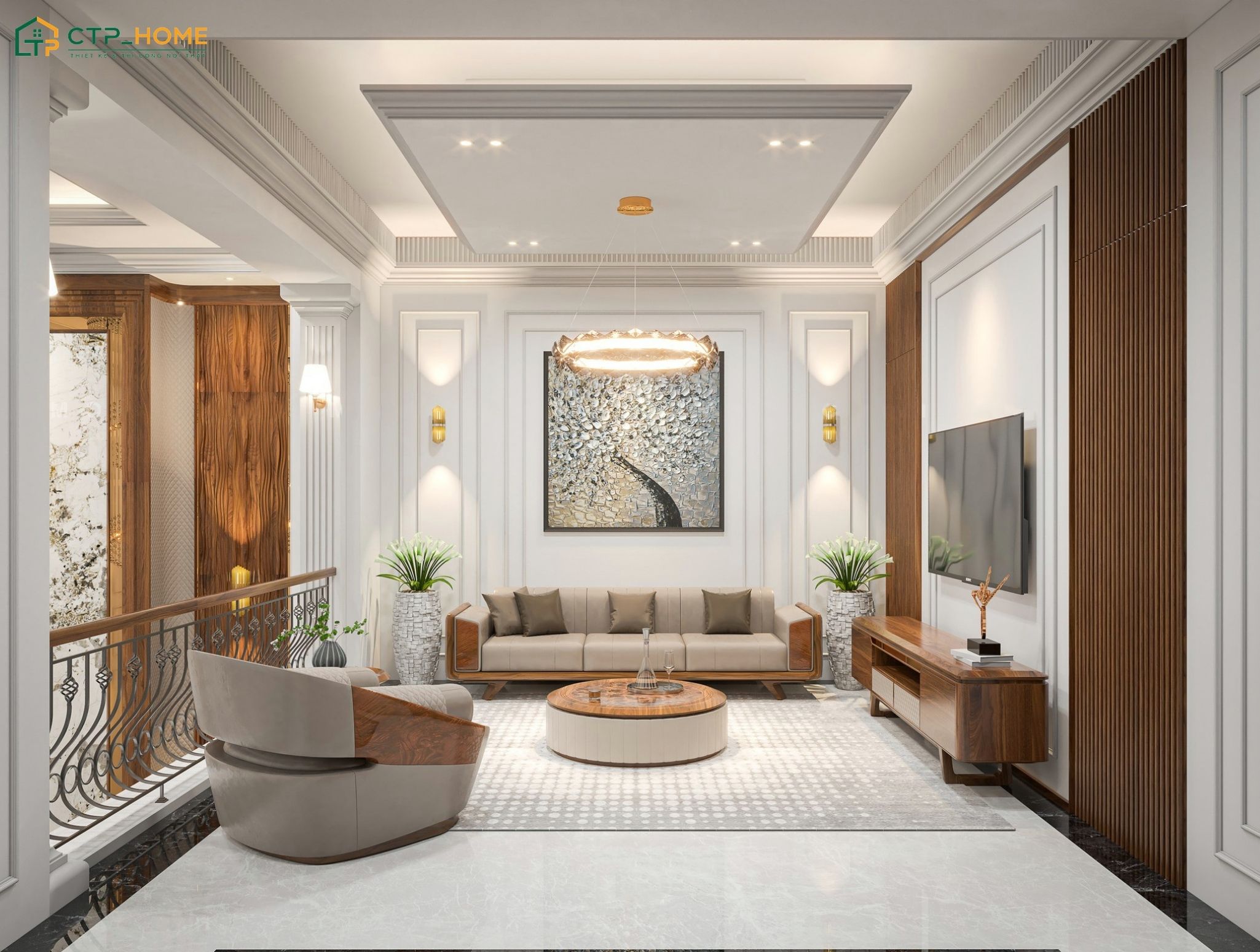 Thiết kế phòng khách ở tầng 2 giúp tối ưu diện tích và tận dụng hiệu quả ánh sáng tự nhiên