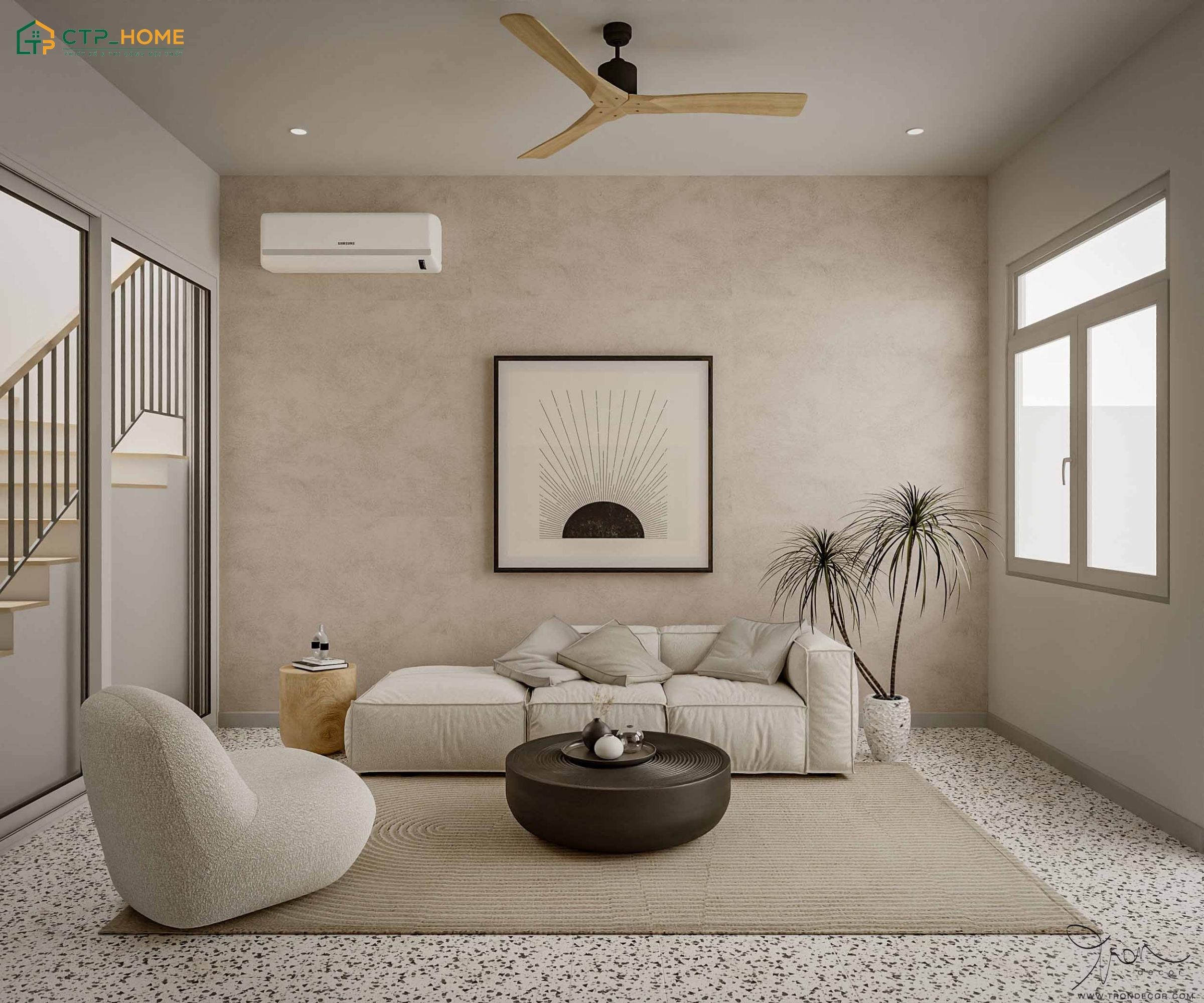Mẫu thiết kế phòng khách tầng 2 hiện đại gây ấn tượng với gam màu trung tính và nội thất nhỏ gọn