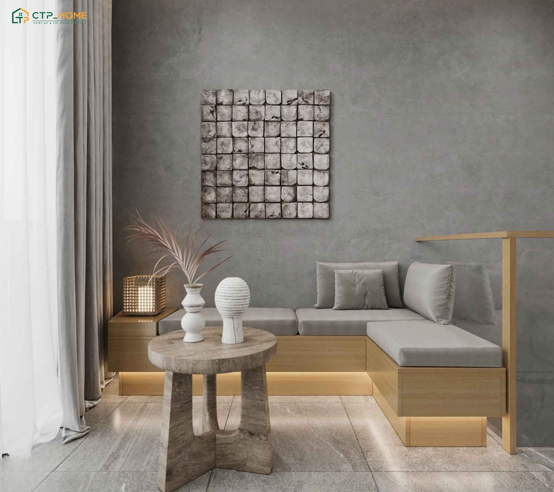 Mẫu thiết kế phòng khách ở tầng 2 sẽ tận dụng hiệu quả không gian hẹp với nội thất gỗ sáng màu
