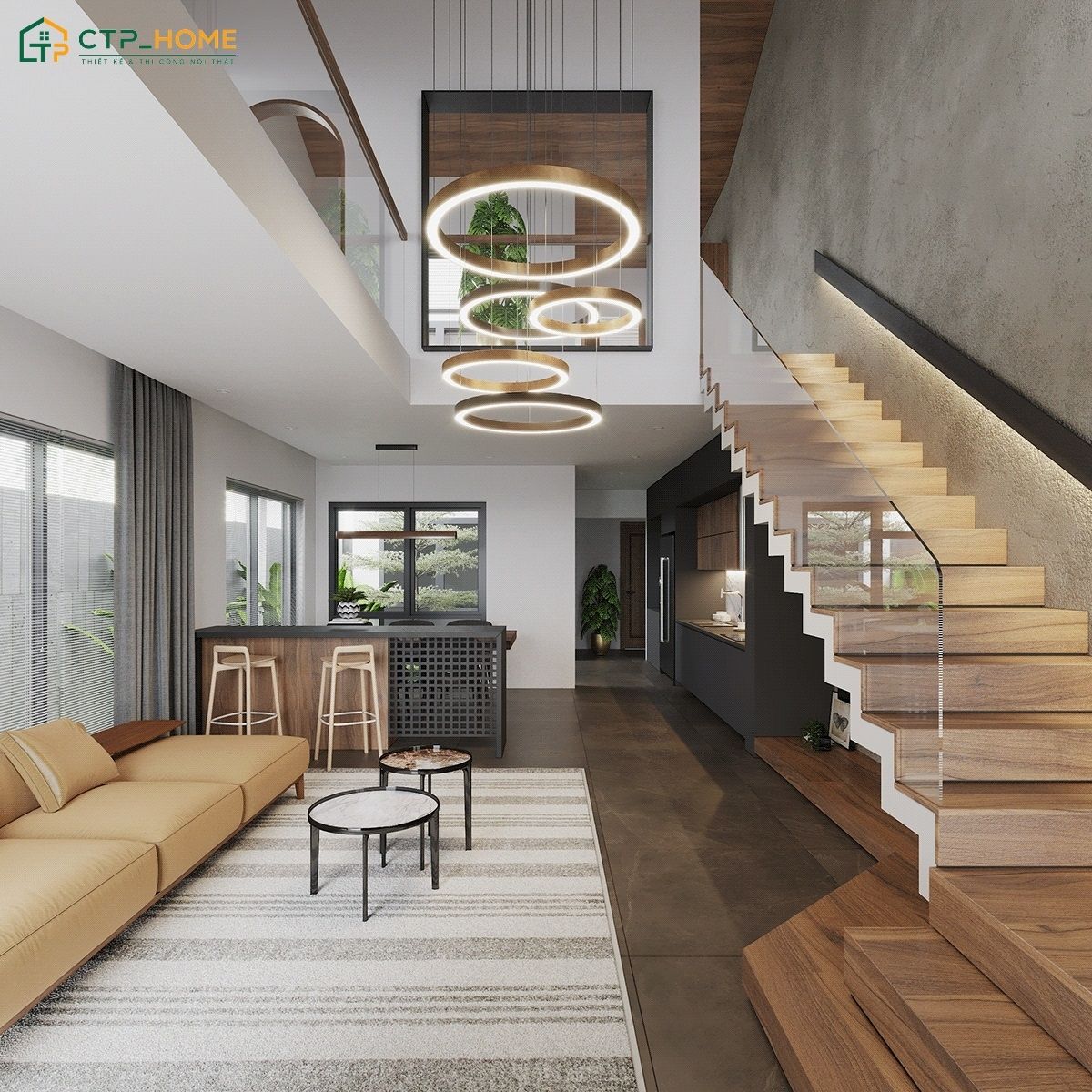 Vách ốp cao kết hợp với hệ đèn thả, vừa giúp tạo điểm nhấn vừa tôn lên vẻ hiện đại của không gian