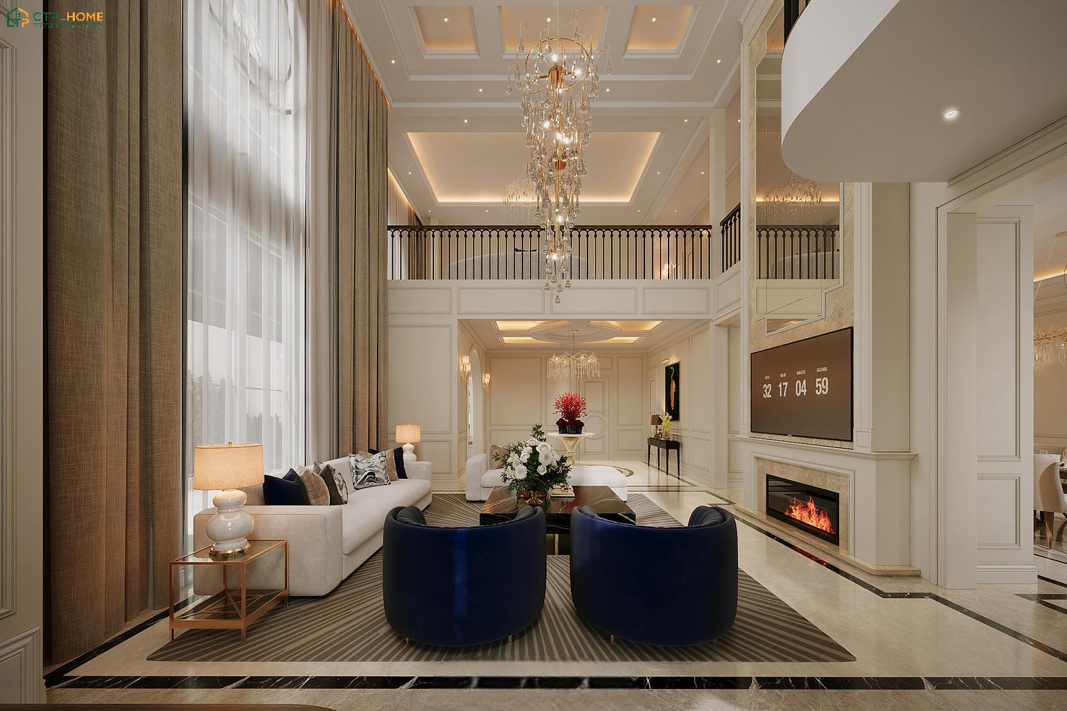 Mẫu phòng khách thông tầng biệt thự với diện tích rộng rãi nên có thể bố trí sofa cỡ lớn mà vẫn giữ được sự thông thoáng