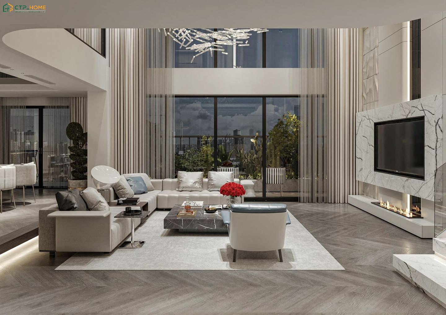 Mẫu phòng khách thông tầng Penthouse sẽ bố trí liền mạch với các khu vực sinh hoạt khác để đảm bảo sự hài hòa