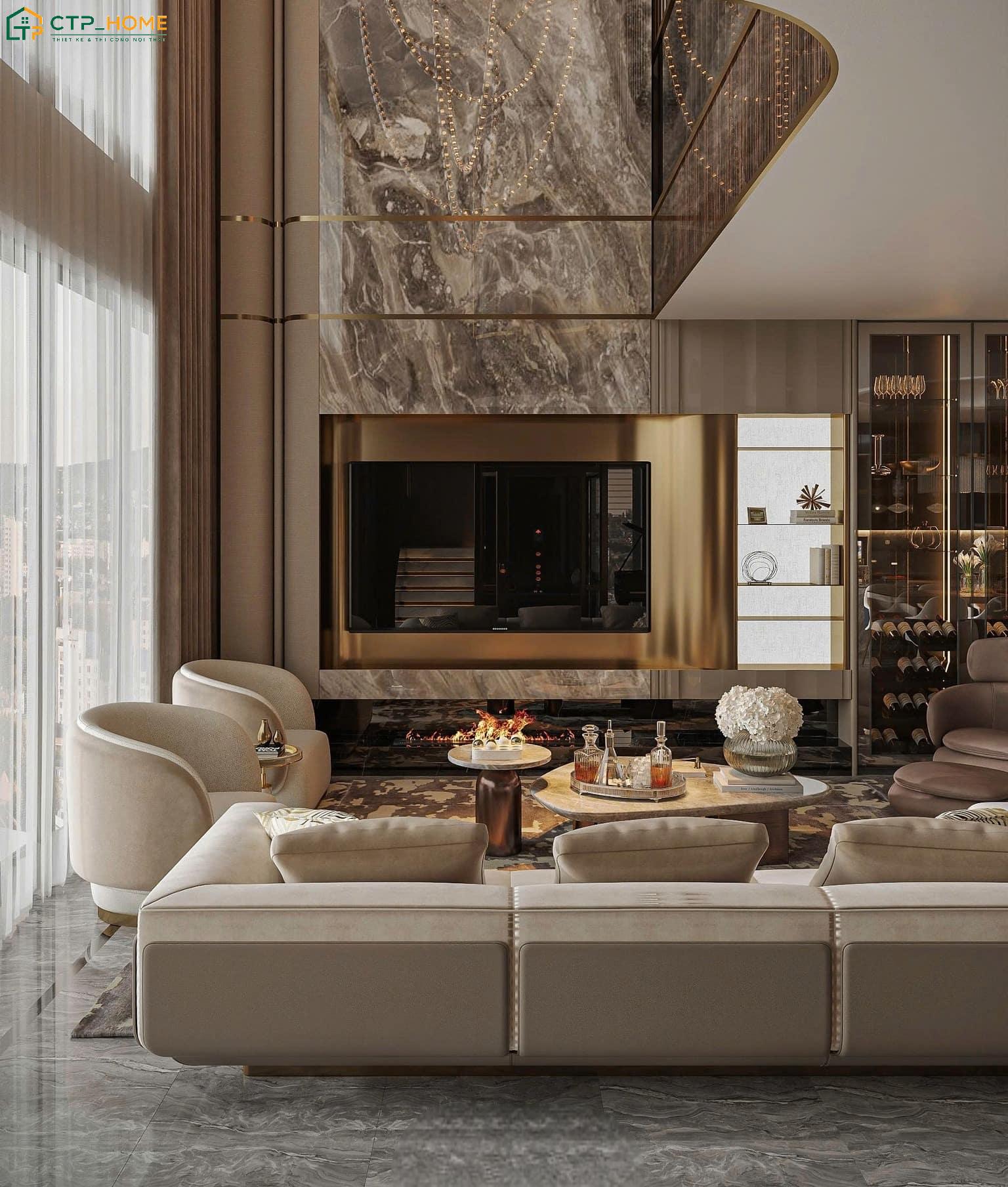 Mẫu thiết kế phòng khách Penthouse thông tầng với hệ cửa kính lớn giúp gia chủ ngắm nhìn thành phố từ trên cao