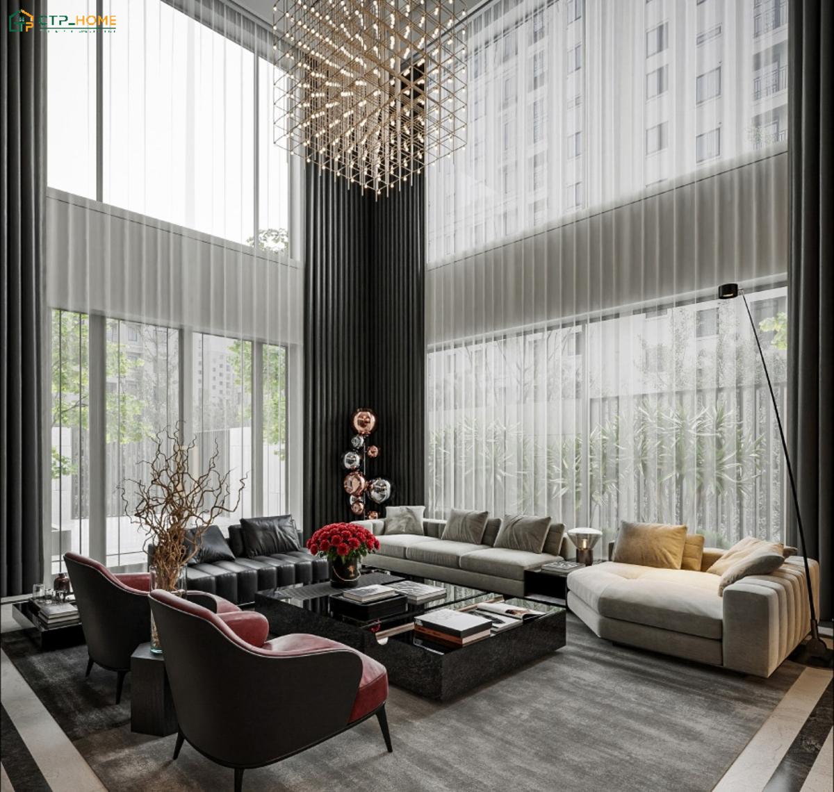 Mẫu thiết kế phòng khách thông tầng hiện đại tạo ấn tượng với các đường nét vuông vắn và bảng màu tươi sáng
