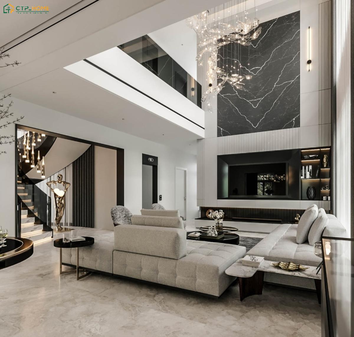 Vách đá Marble ốp tường kéo dài theo chiều cao trần vừa tạo điểm nhấn vừa tôn lên sự bề thế của không gian