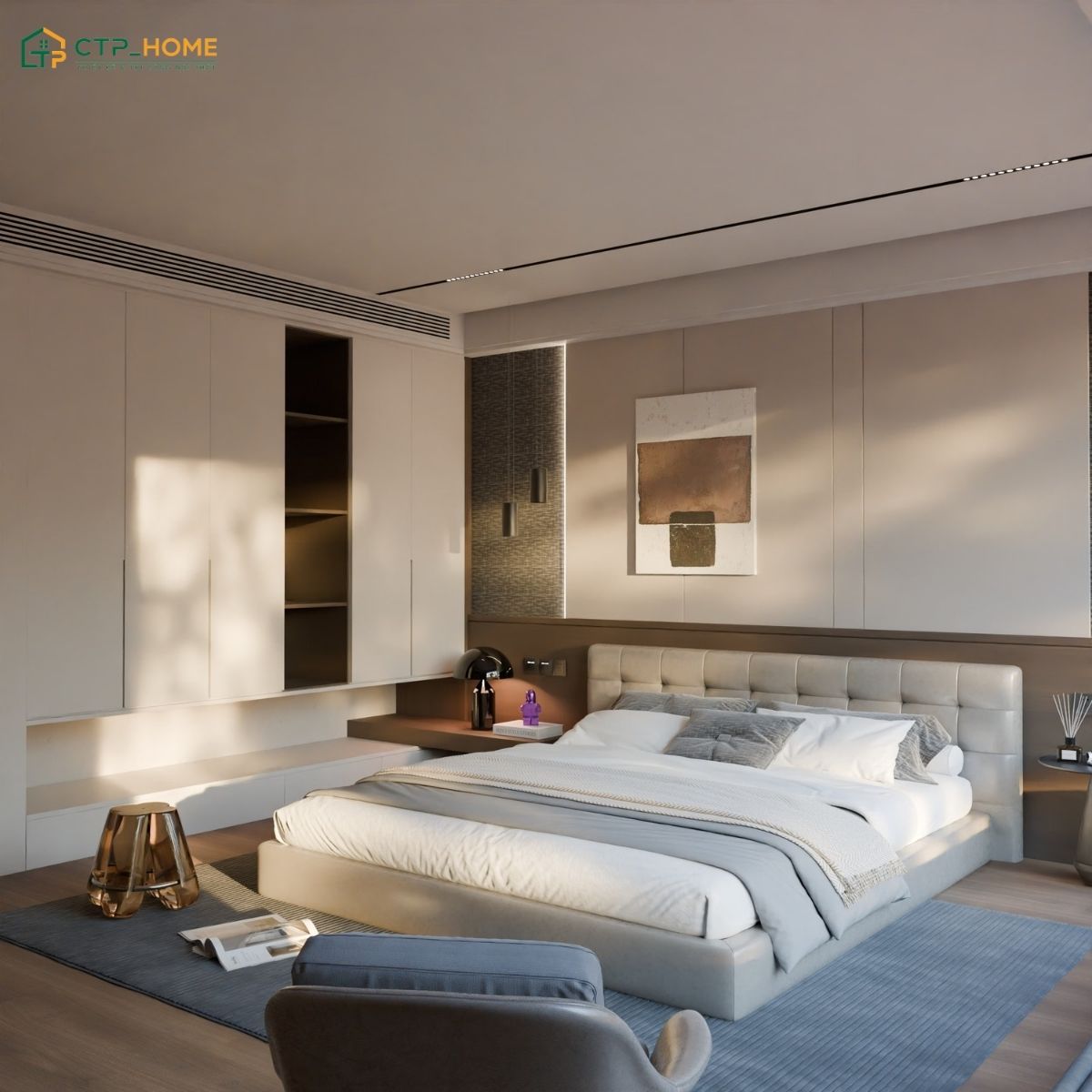 Mẫu phòng ngủ kiểu Hàn Quốc được bố trí nội thất gọn gàng giúp đảm bảo sự tiện nghi khi sử dụng