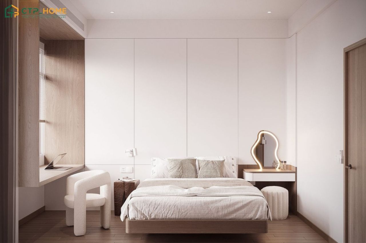 Mẫu phòng ngủ phong cách Hàn Quốc nhỏ sẽ bố trí giường ngủ sát tường để tận dụng tối đa diện tích